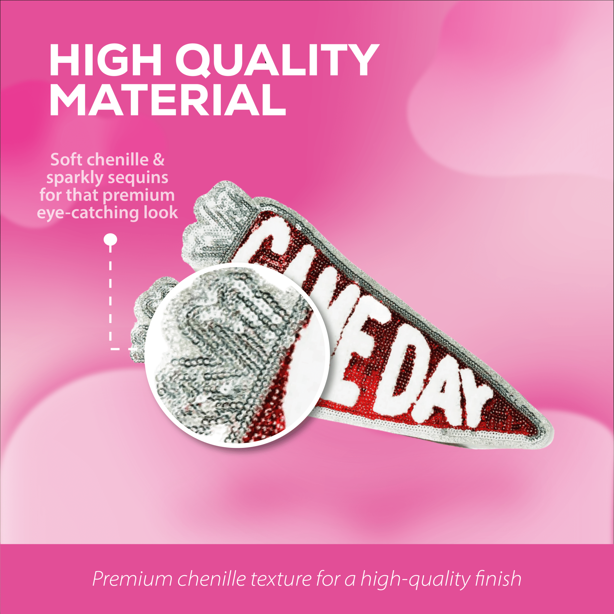 Game Day Chenille Patch – Red & Silver Sequin Spirit! - Rolled Up Printing