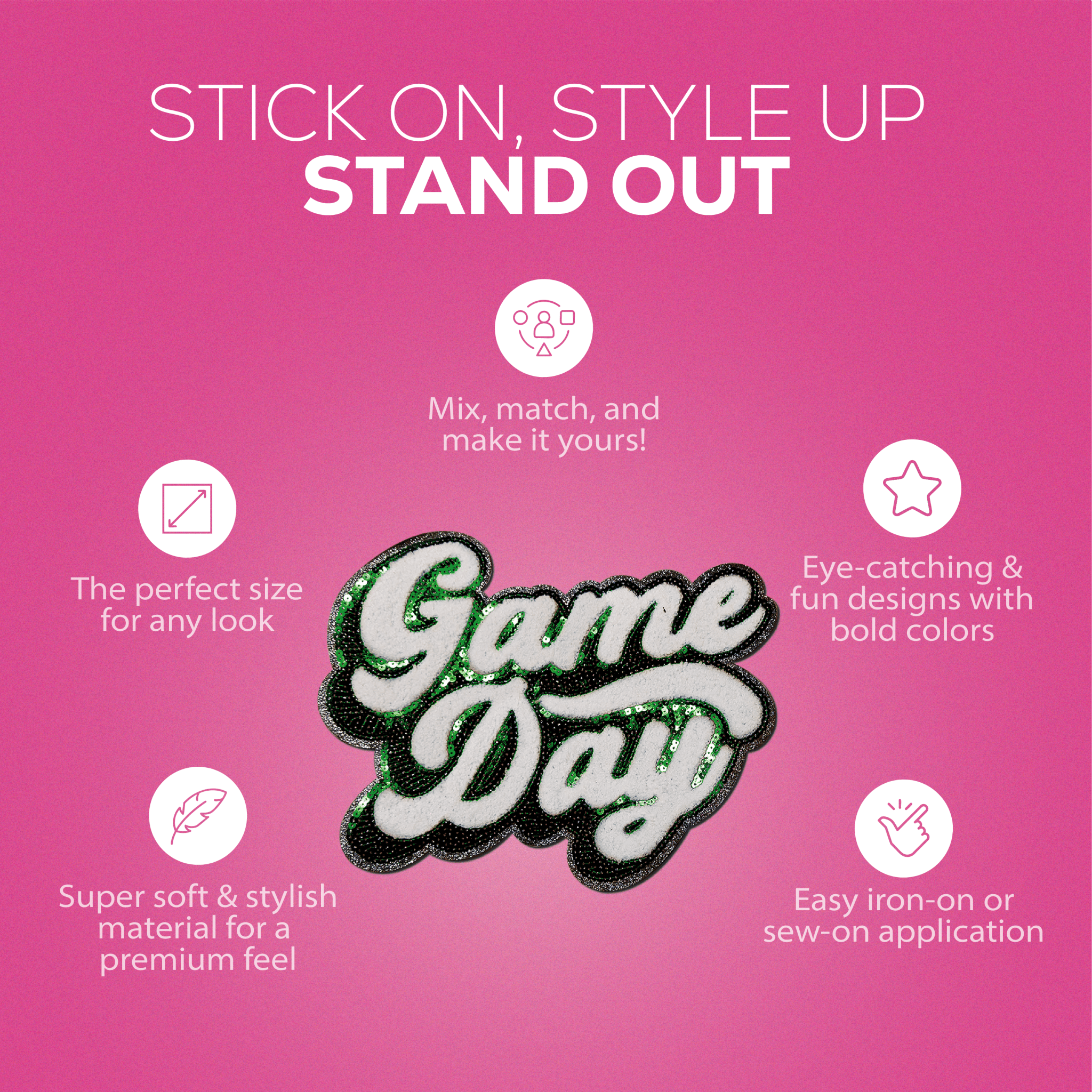 Green "Game Day" Chenille Patch - Rolled Up Printing