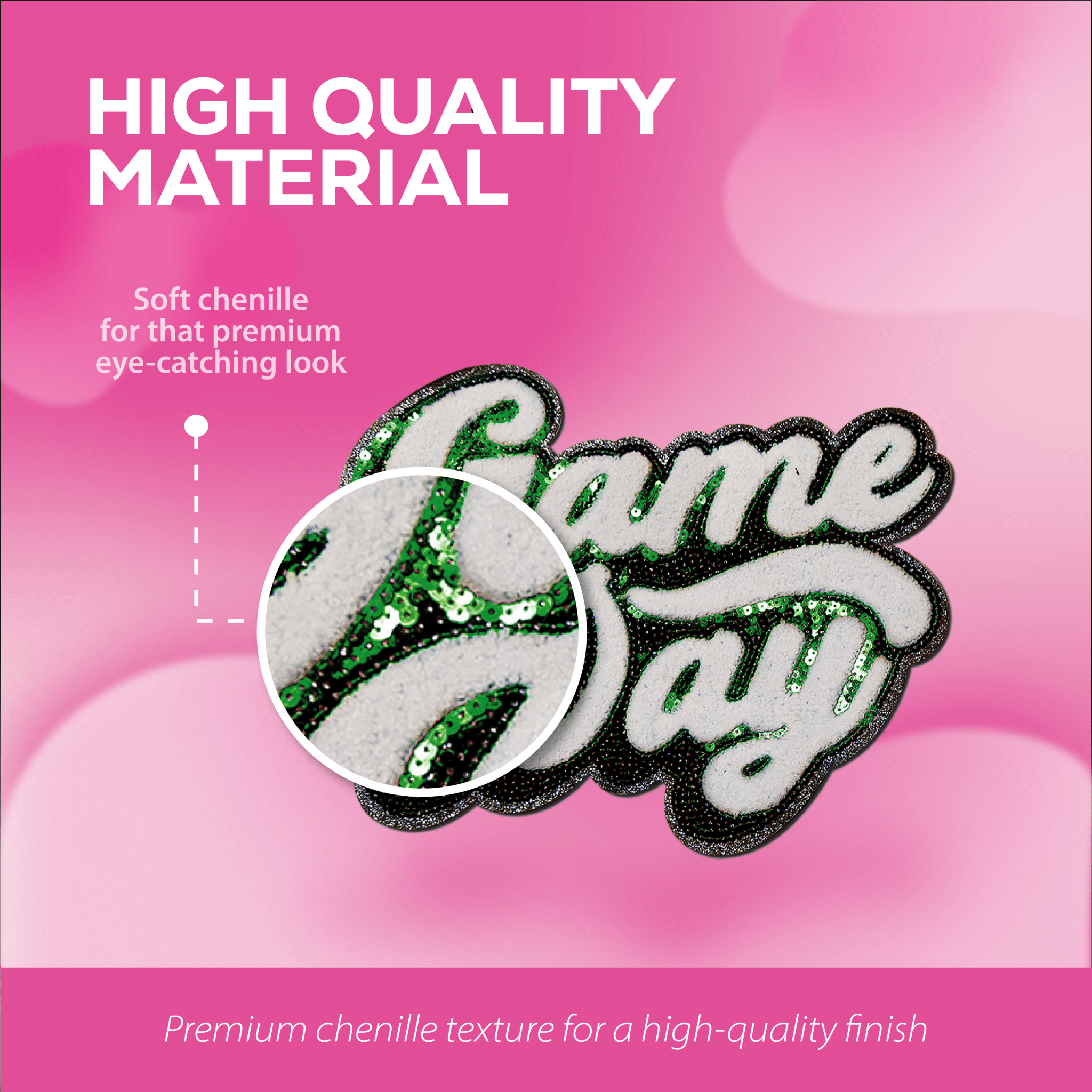 Green "Game Day" Chenille Patch - Rolled Up Printing