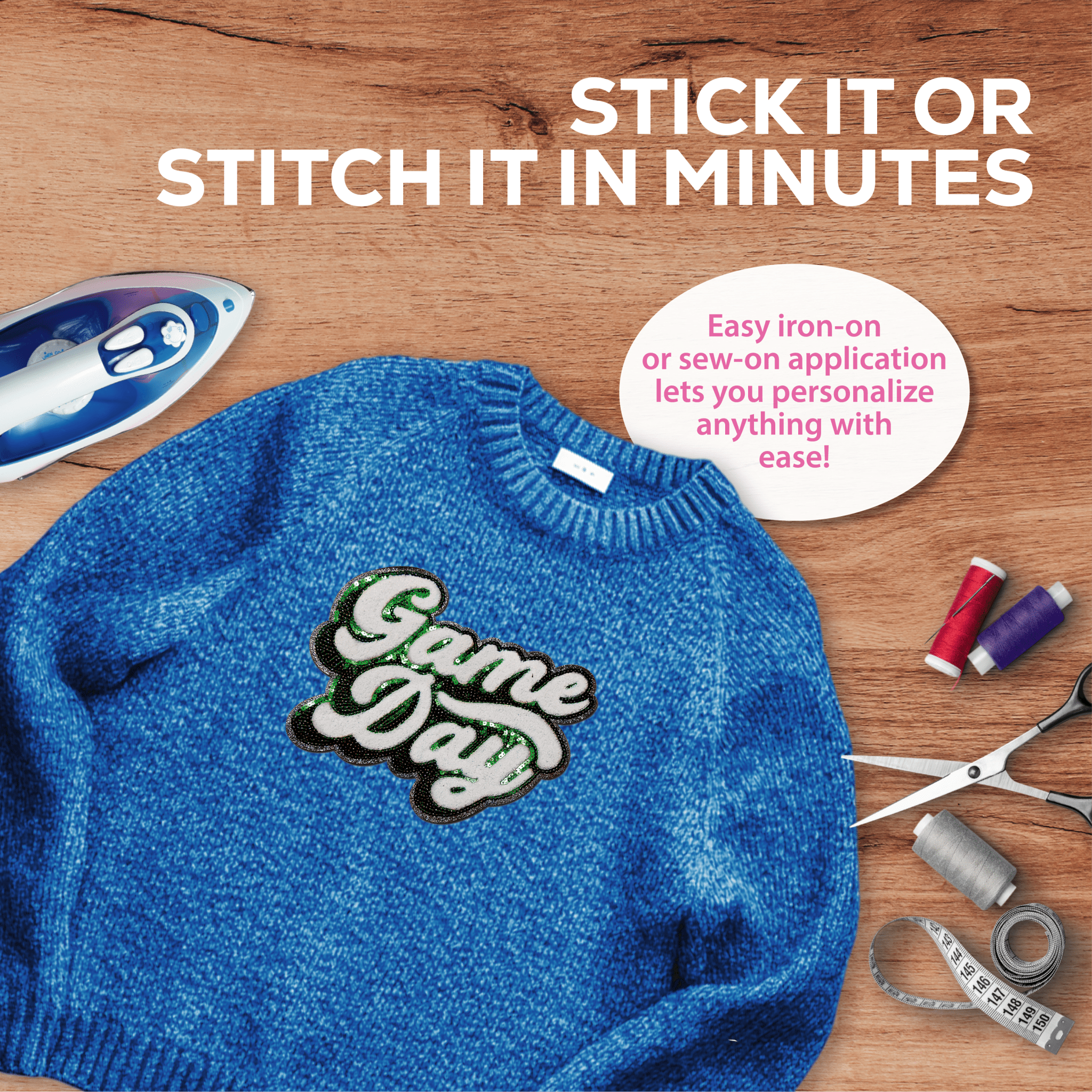 Green "Game Day" Chenille Patch - Rolled Up Printing