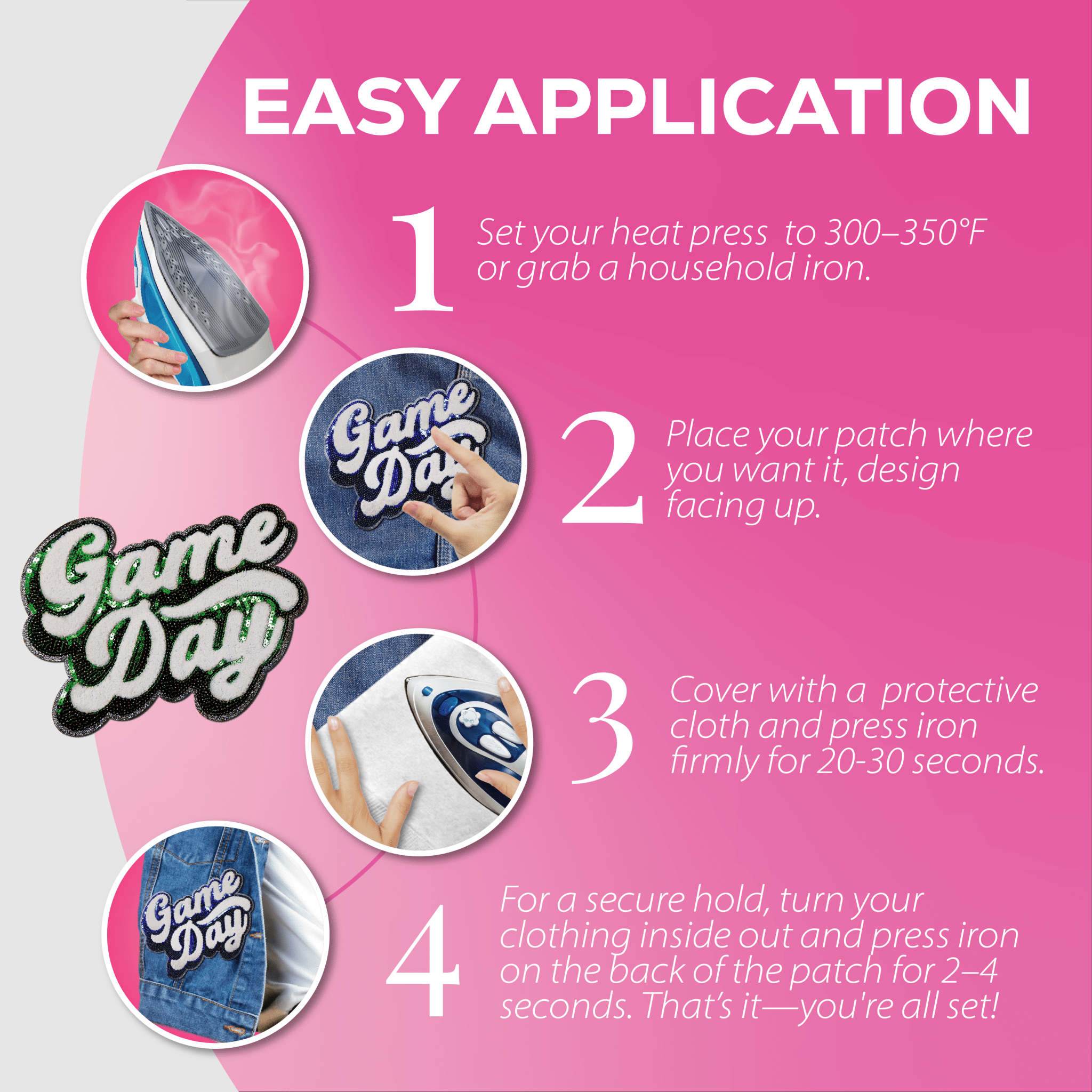 Green "Game Day" Chenille Patch - Rolled Up Printing