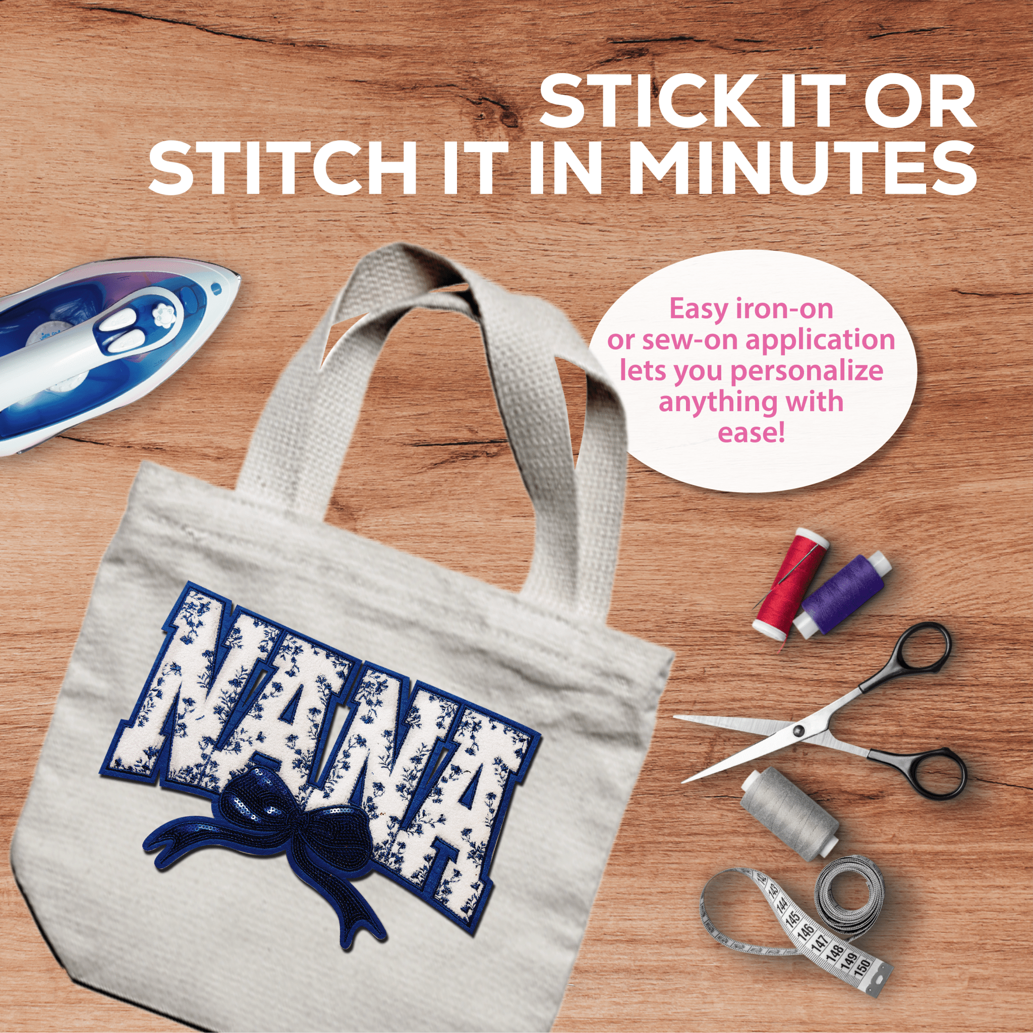 "Nana" Blue Floral with blue bow Chenille Patch - Rolled Up Printing