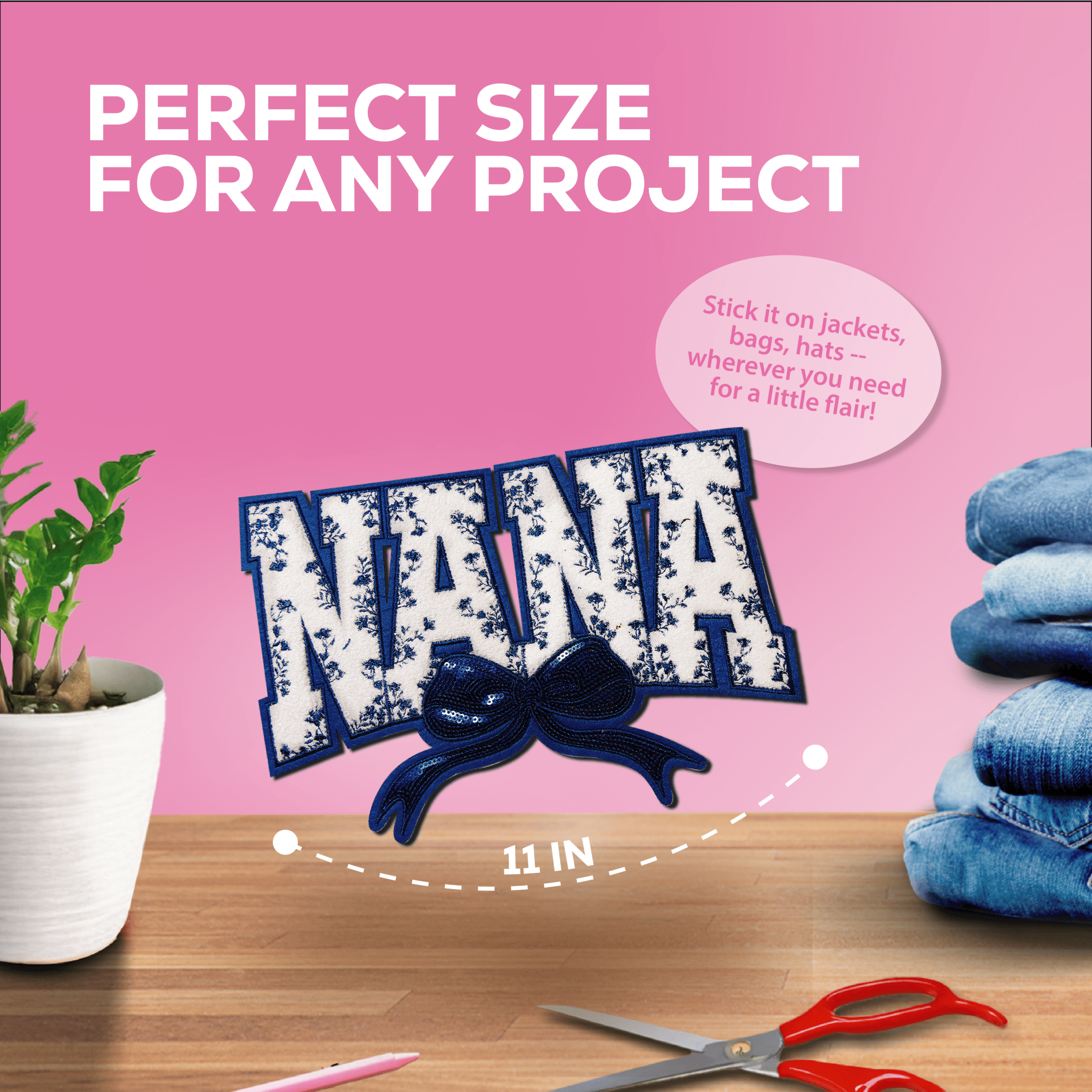 "Nana" Blue Floral with blue bow Chenille Patch - Rolled Up Printing