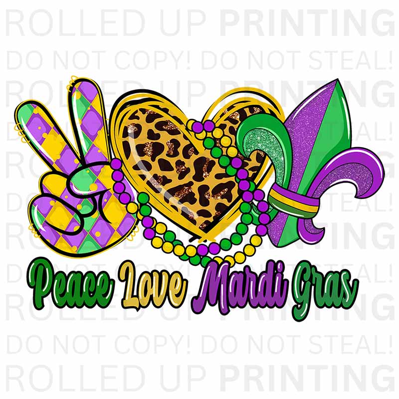 Peace Love Mardi Gras UV DTF Sticker: Festive and Fun - Rolled Up Printing