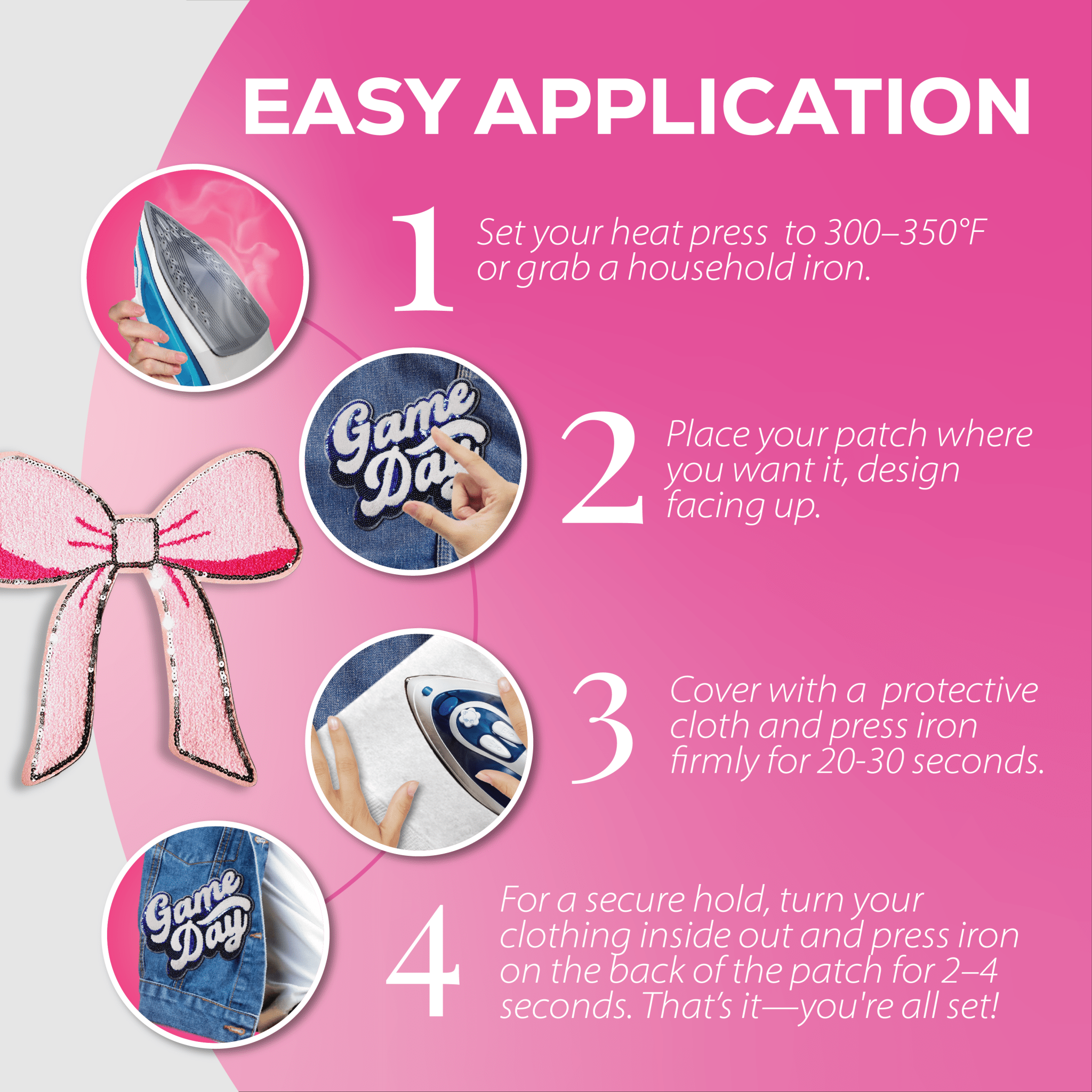 Pink Chenille Bow Patch - Rolled Up Printing