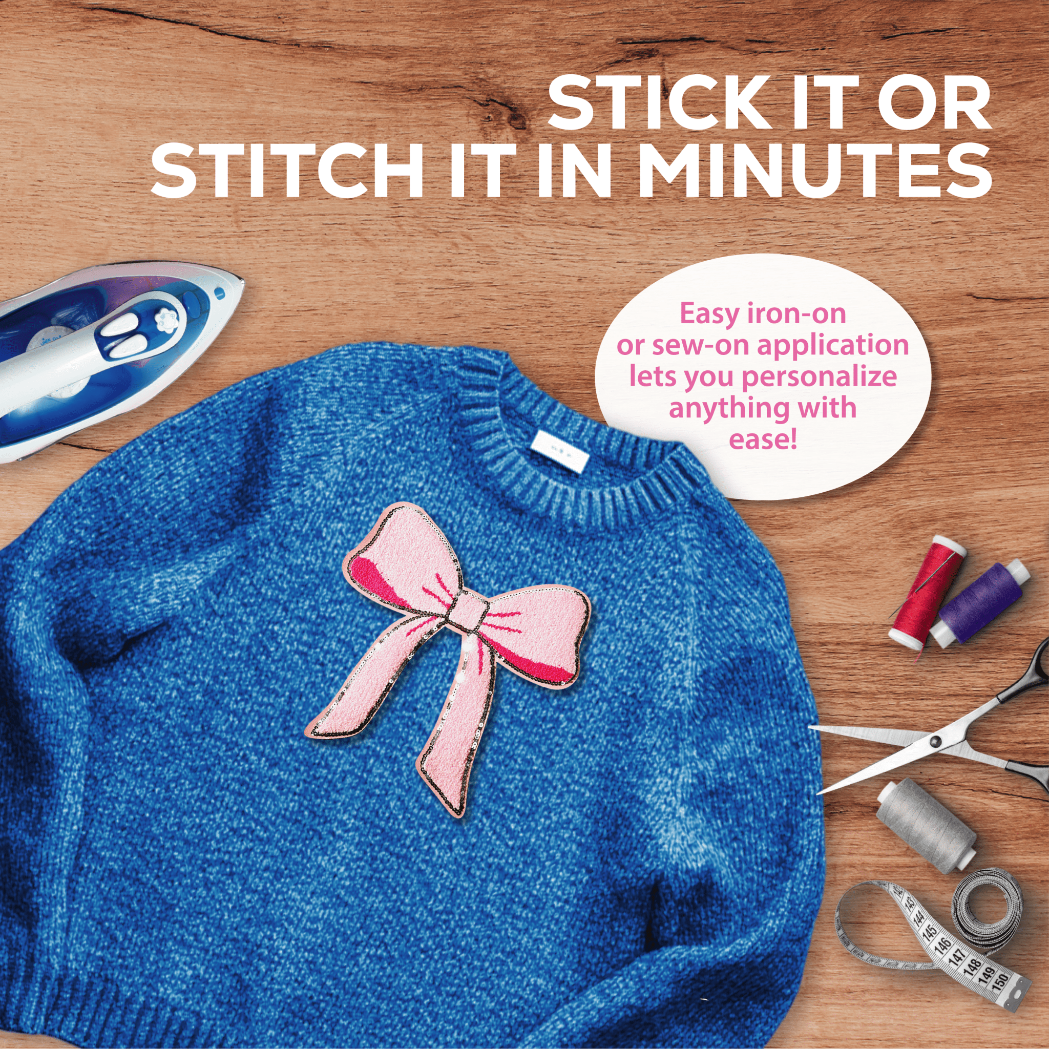 Pink Chenille Bow Patch - Rolled Up Printing