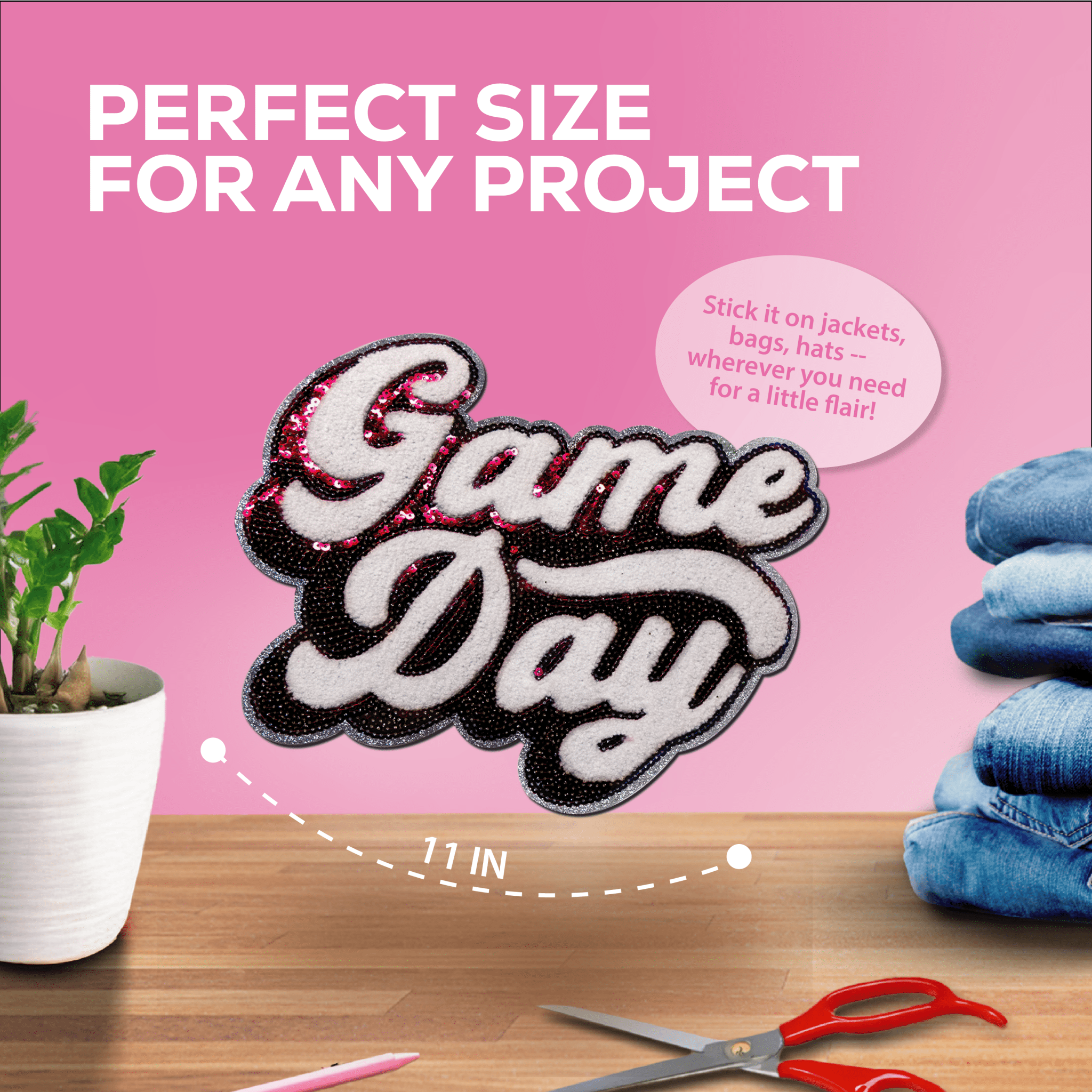 Pink "Game Day" Chenille Patch - Rolled Up Printing