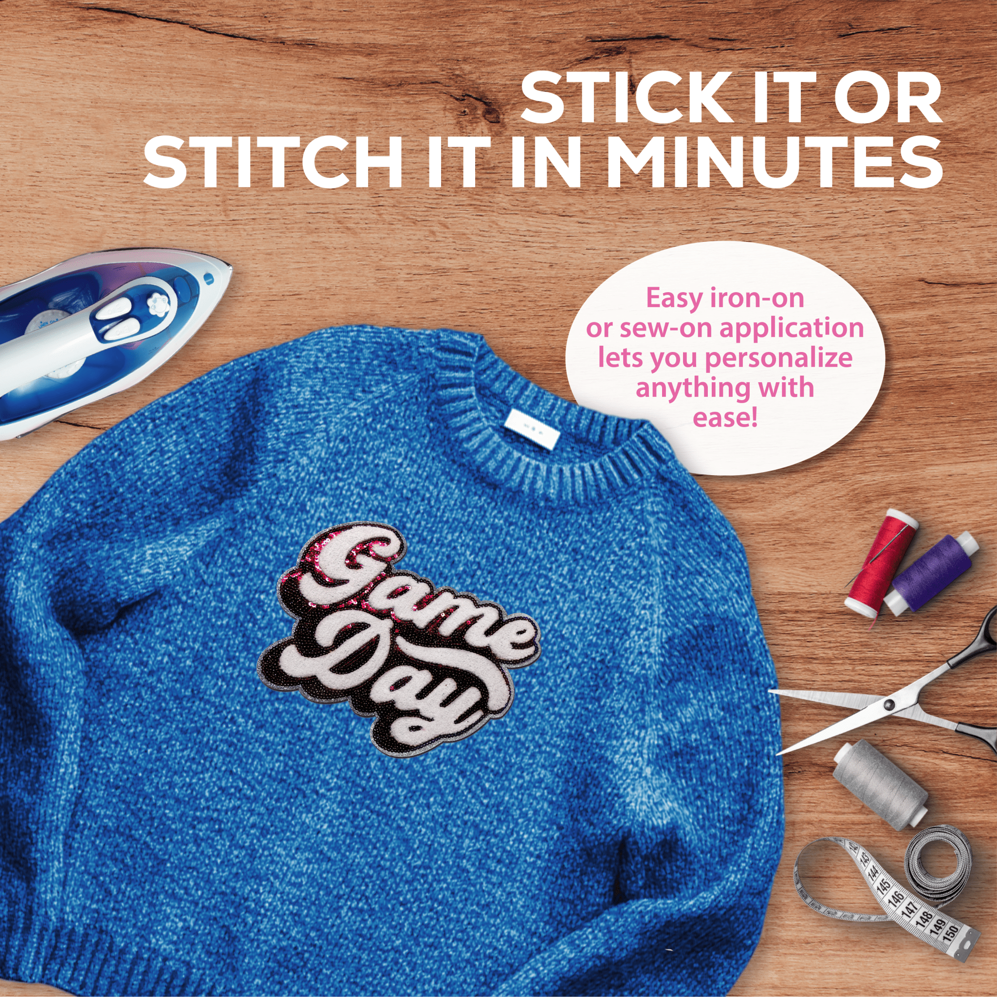 Pink "Game Day" Chenille Patch - Rolled Up Printing