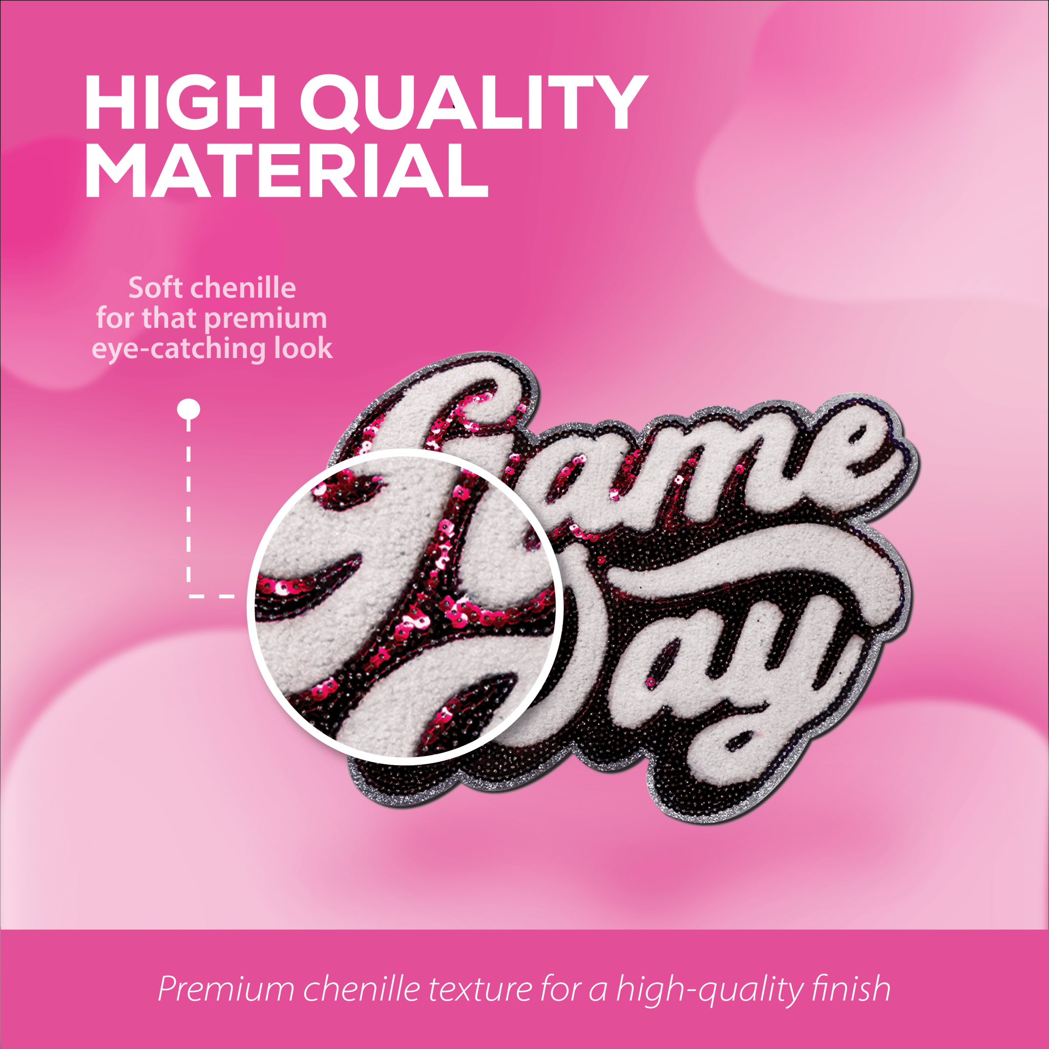 Pink "Game Day" Chenille Patch - Rolled Up Printing