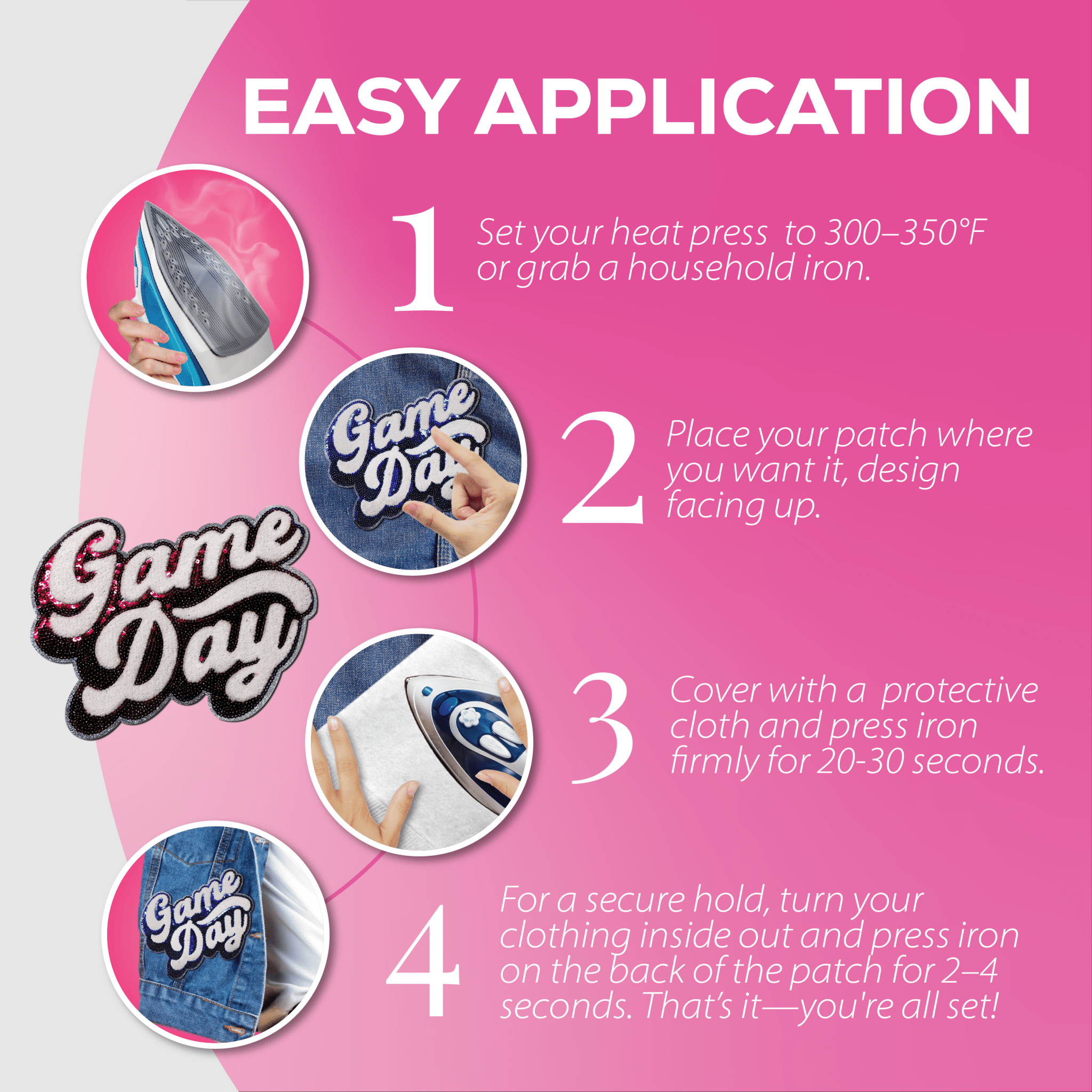 Pink "Game Day" Chenille Patch - Rolled Up Printing