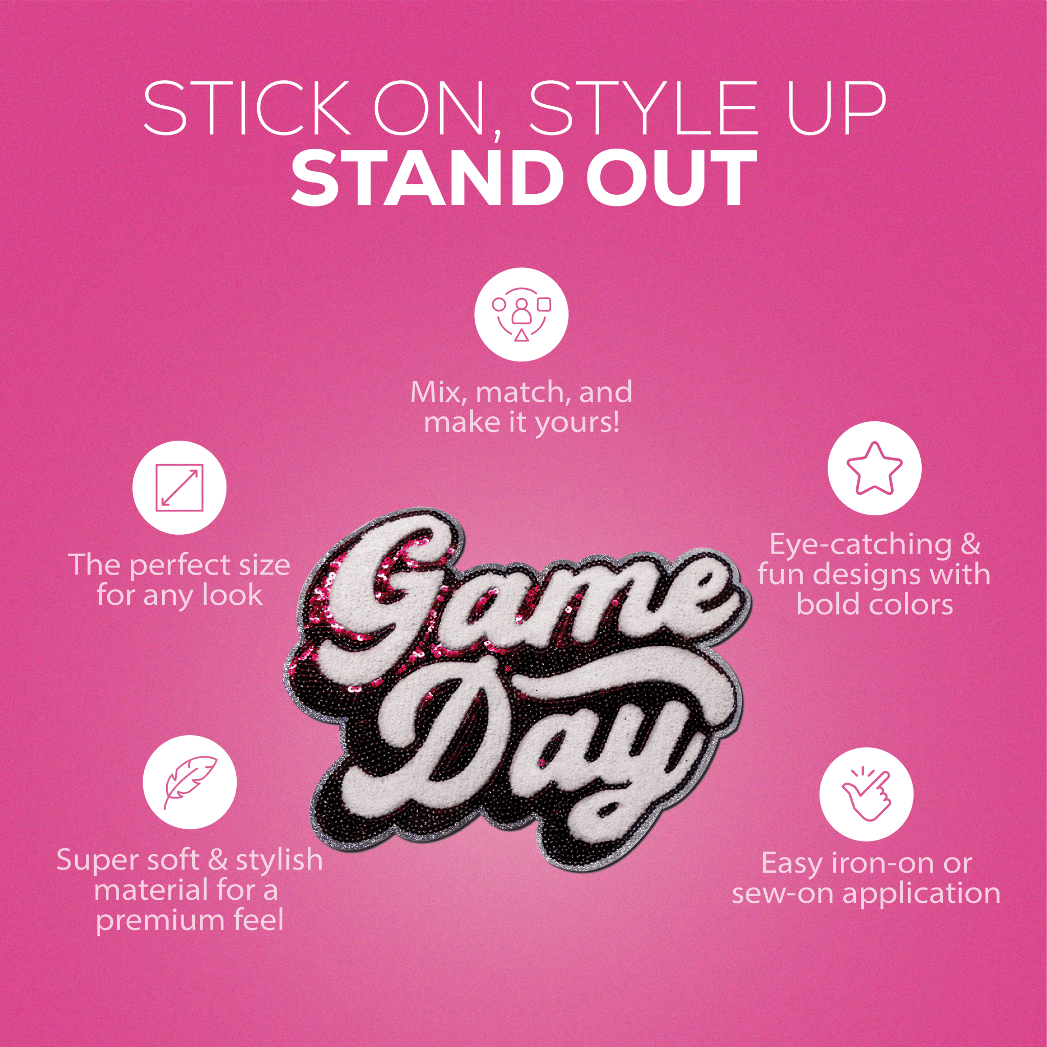 Pink "Game Day" Chenille Patch - Rolled Up Printing