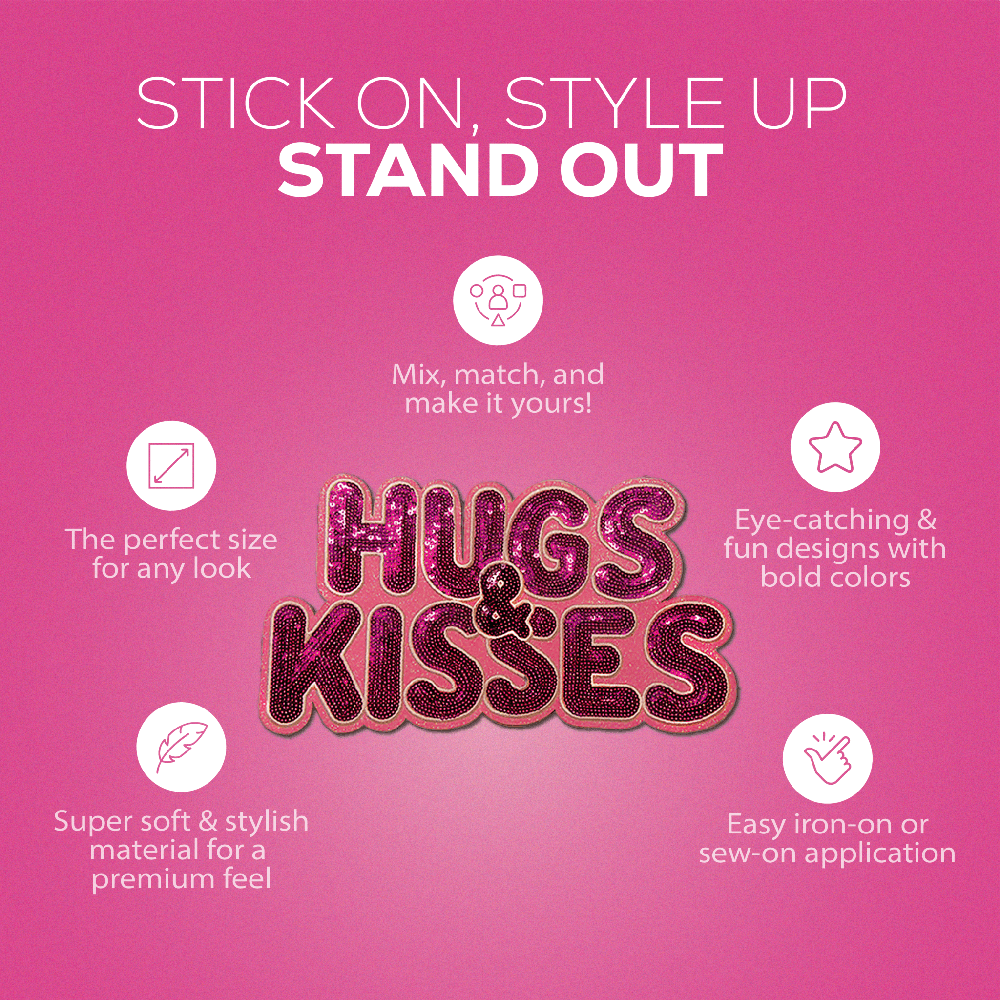 Pink "Hugs & Kisses" Chenille Patch - Rolled Up Printing