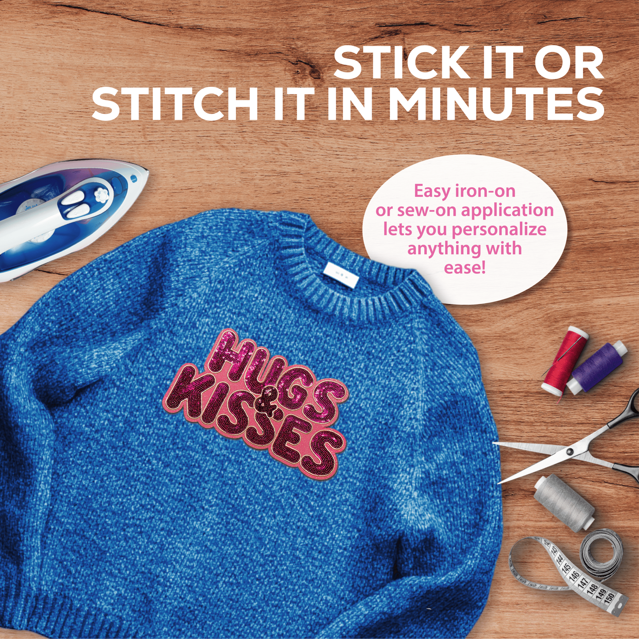 Pink "Hugs & Kisses" Chenille Patch - Rolled Up Printing