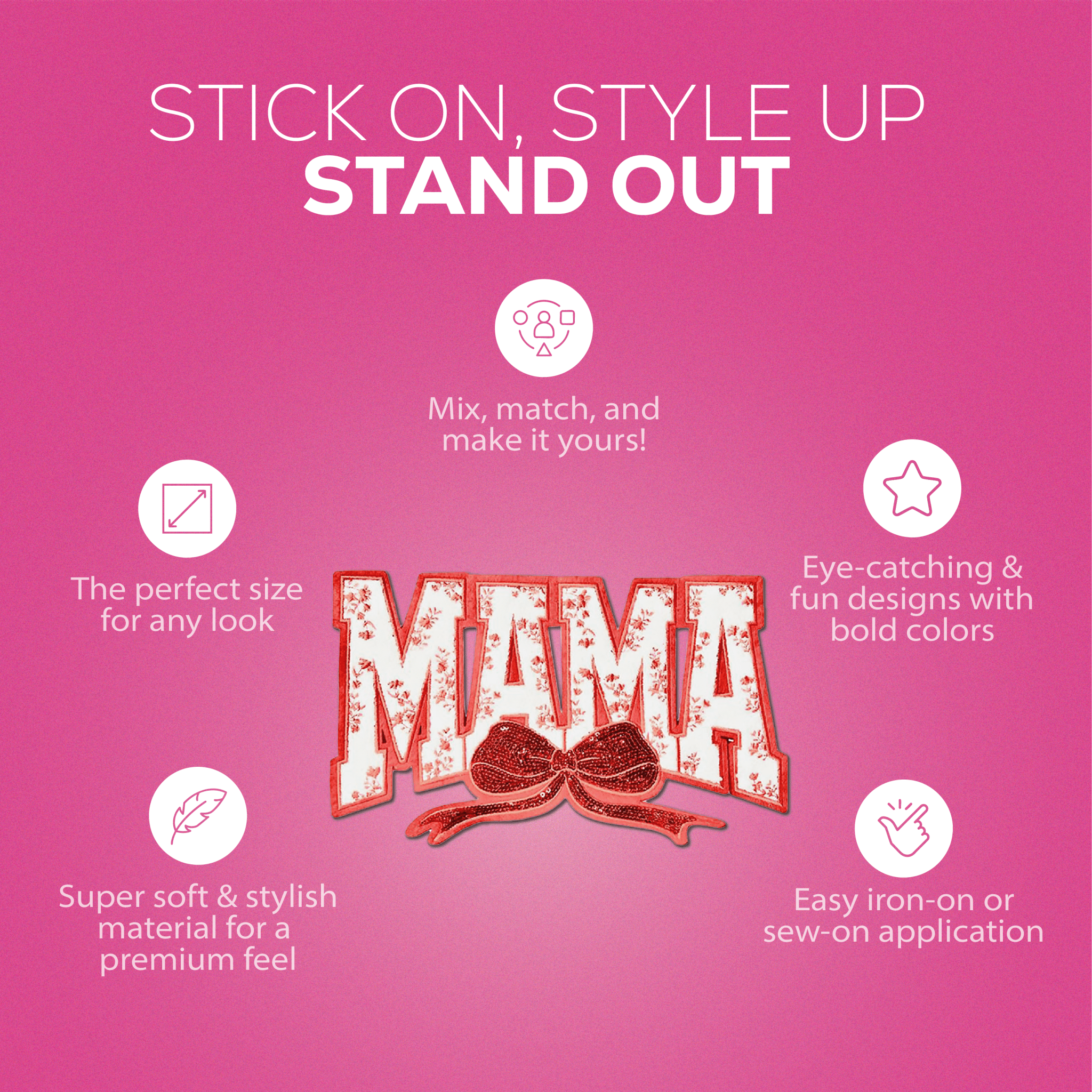 Red "MAMA" Chenille Patch - Rolled Up Printing