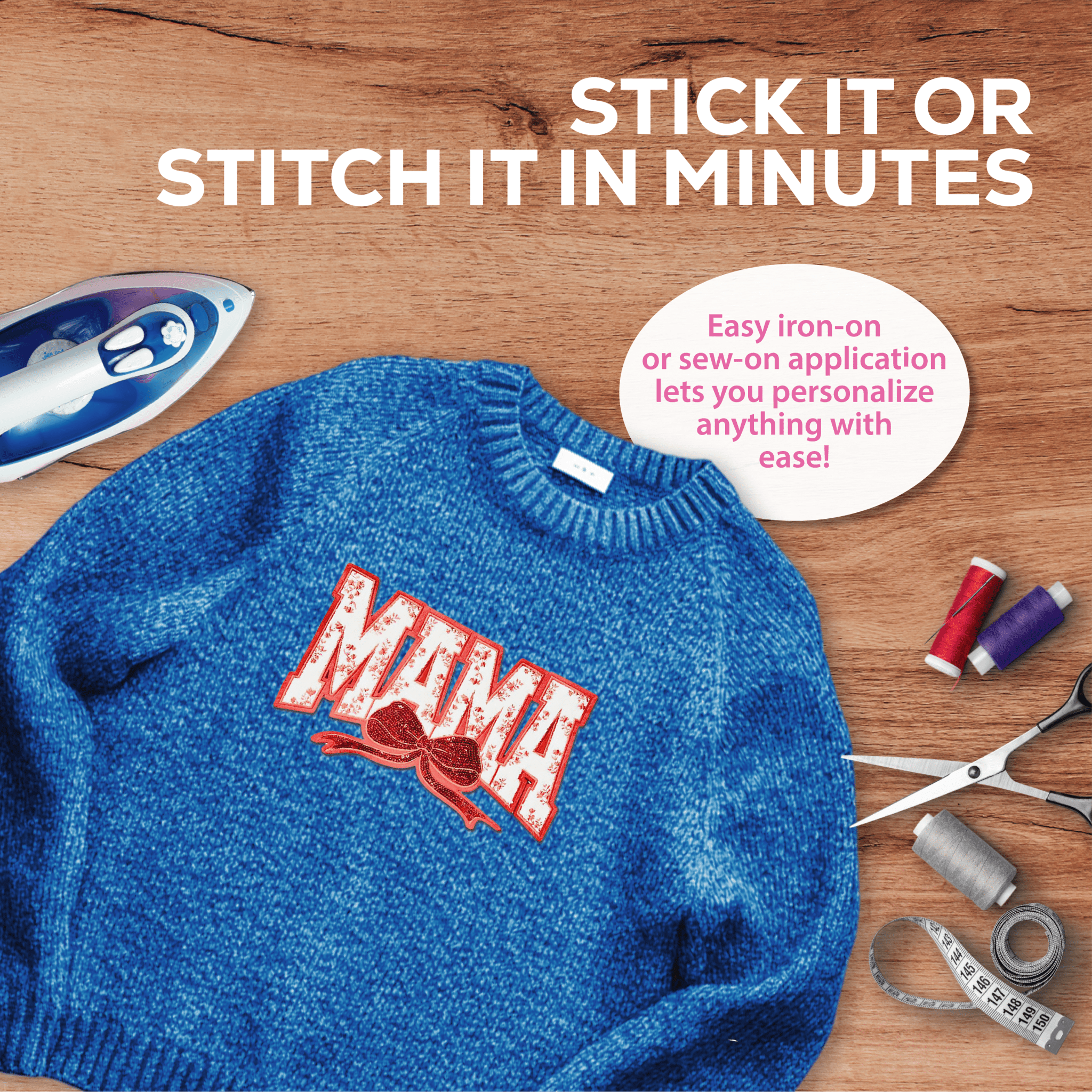 Red "MAMA" Chenille Patch - Rolled Up Printing