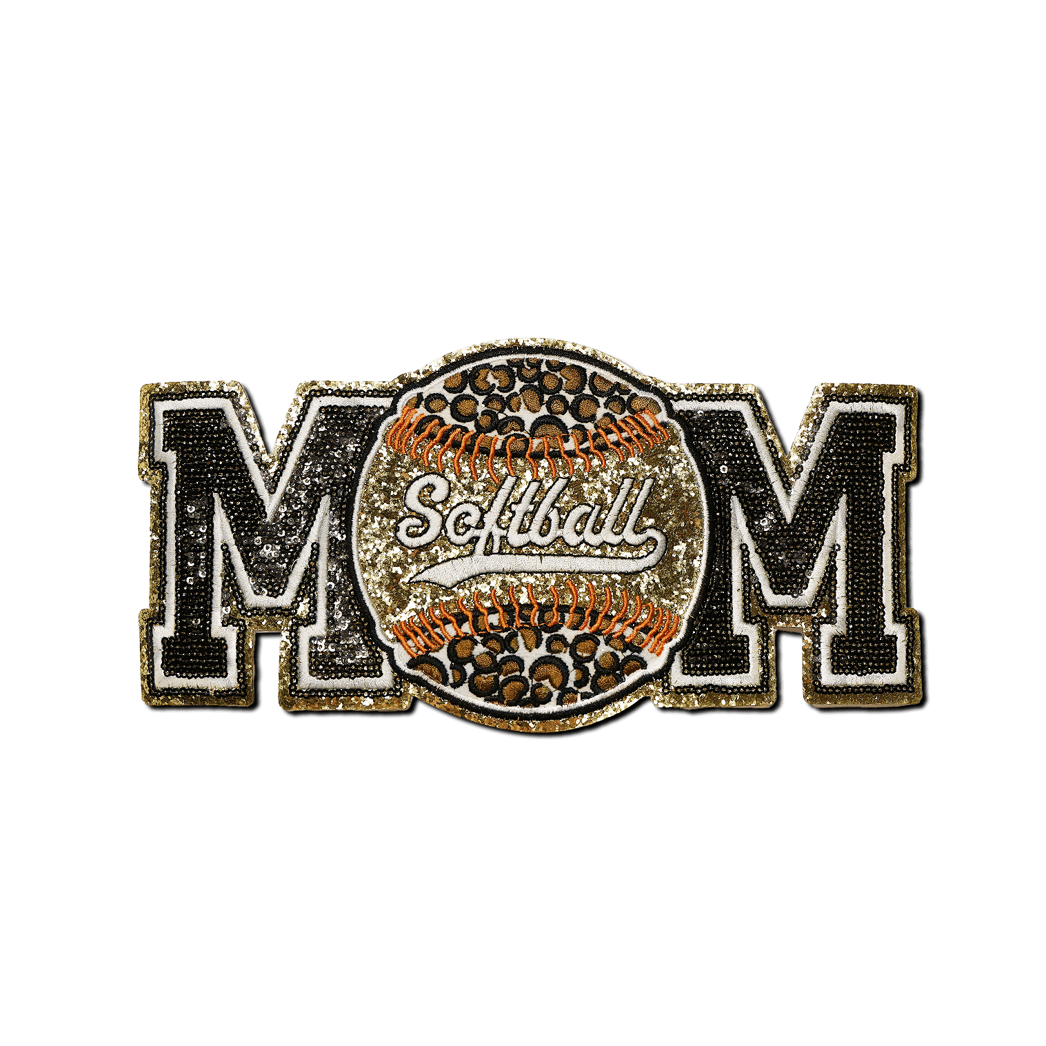 Softball "Mom" Black and Gold with Orange Stitching Patch - Rolled Up Printing