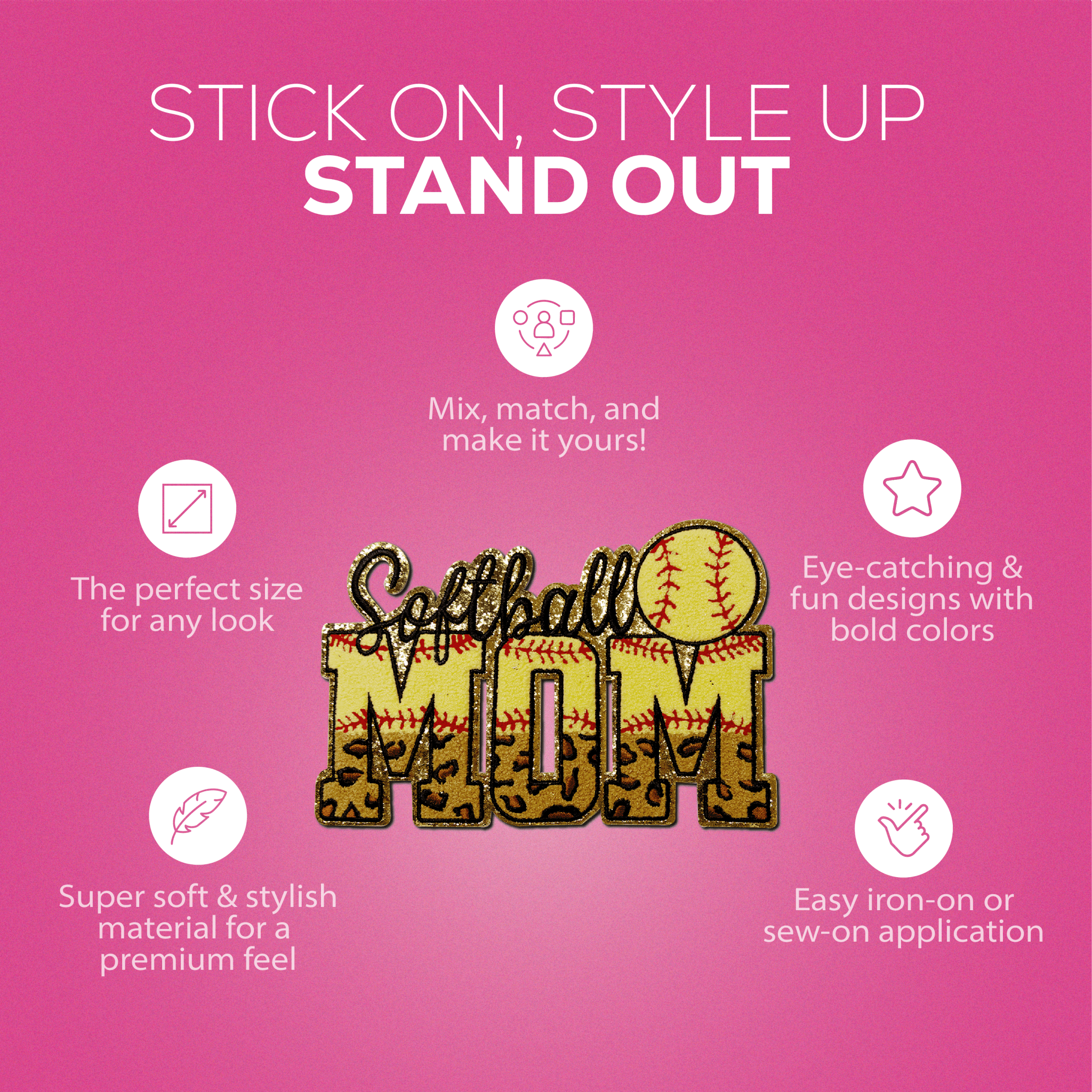 "Softball Mom" Chenille Patch - Rolled Up Printing