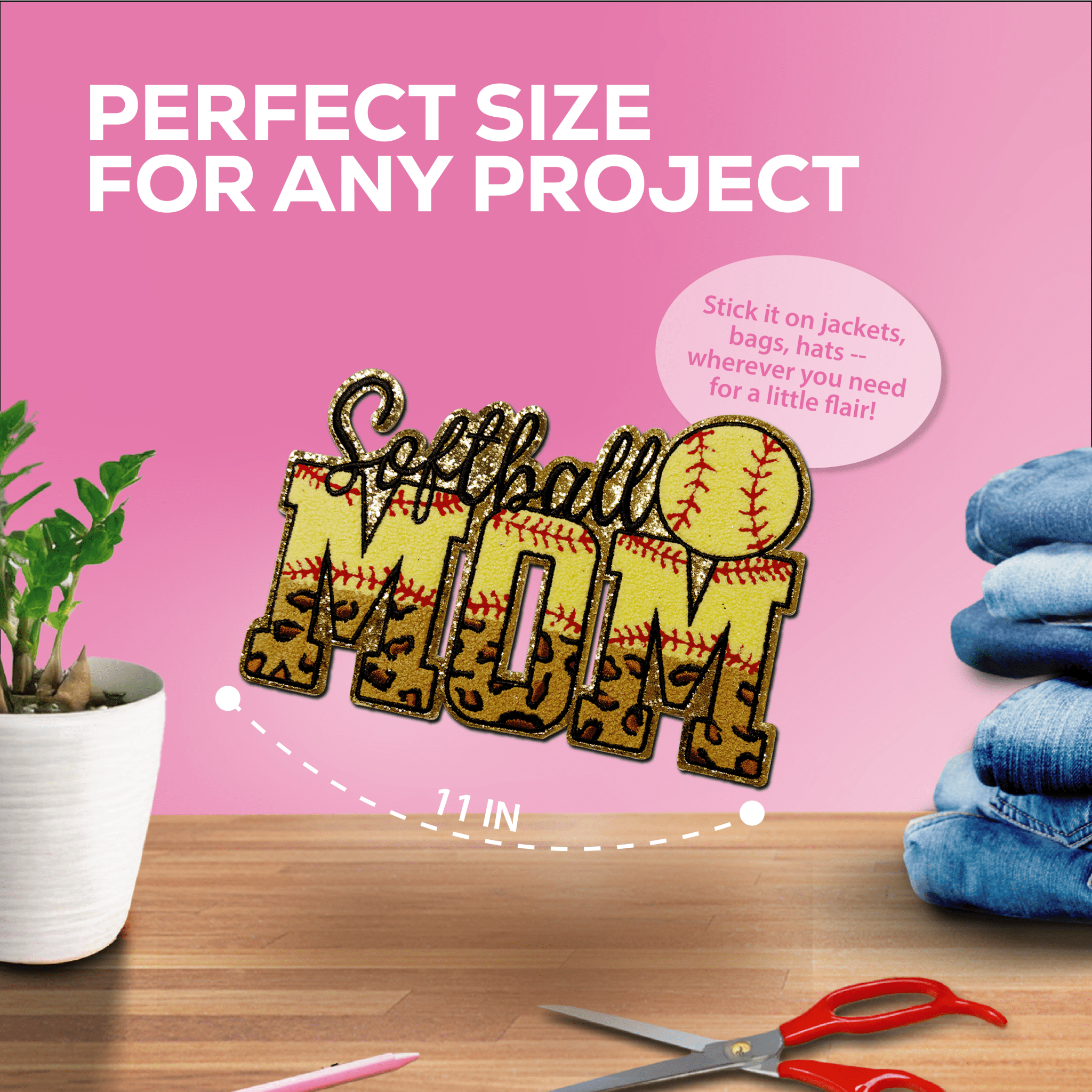 "Softball Mom" Chenille Patch - Rolled Up Printing