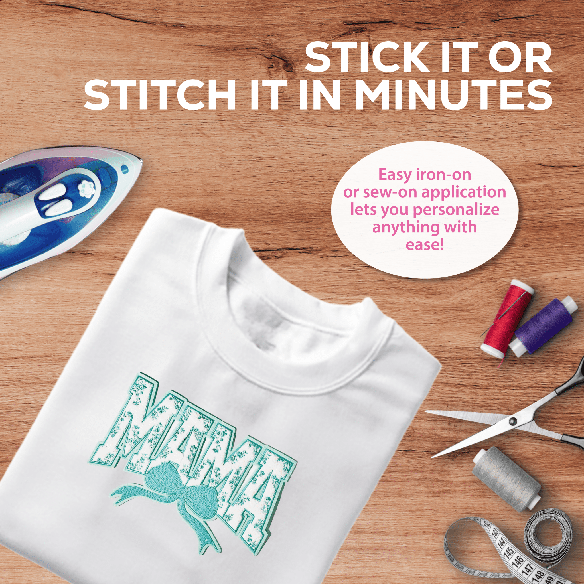 Teal "MAMA" Chenille Patch with Floral Accents & Bow - Rolled Up Printing