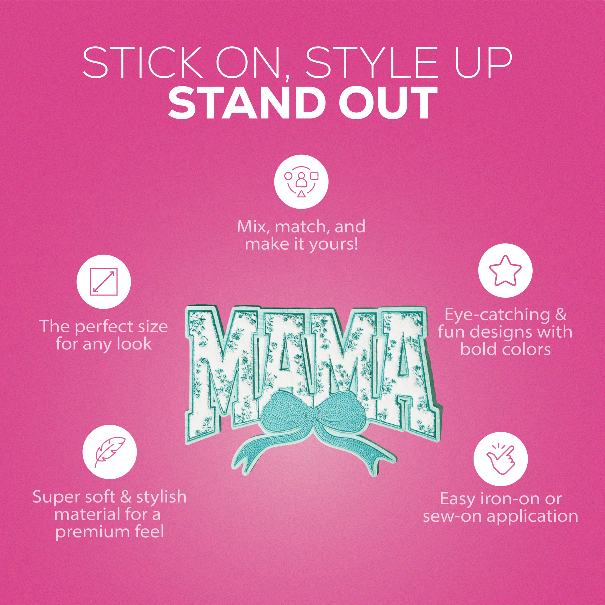 Teal "MAMA" Chenille Patch with Floral Accents & Bow - Rolled Up Printing