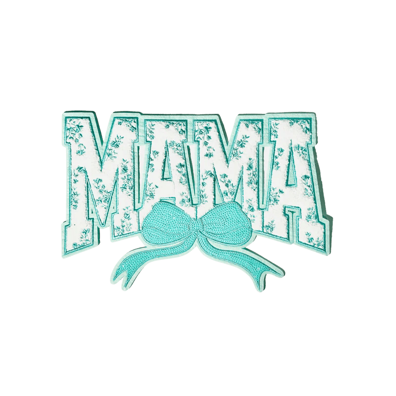 Teal "MAMA" Chenille Patch with Floral Accents & Bow - Rolled Up Printing