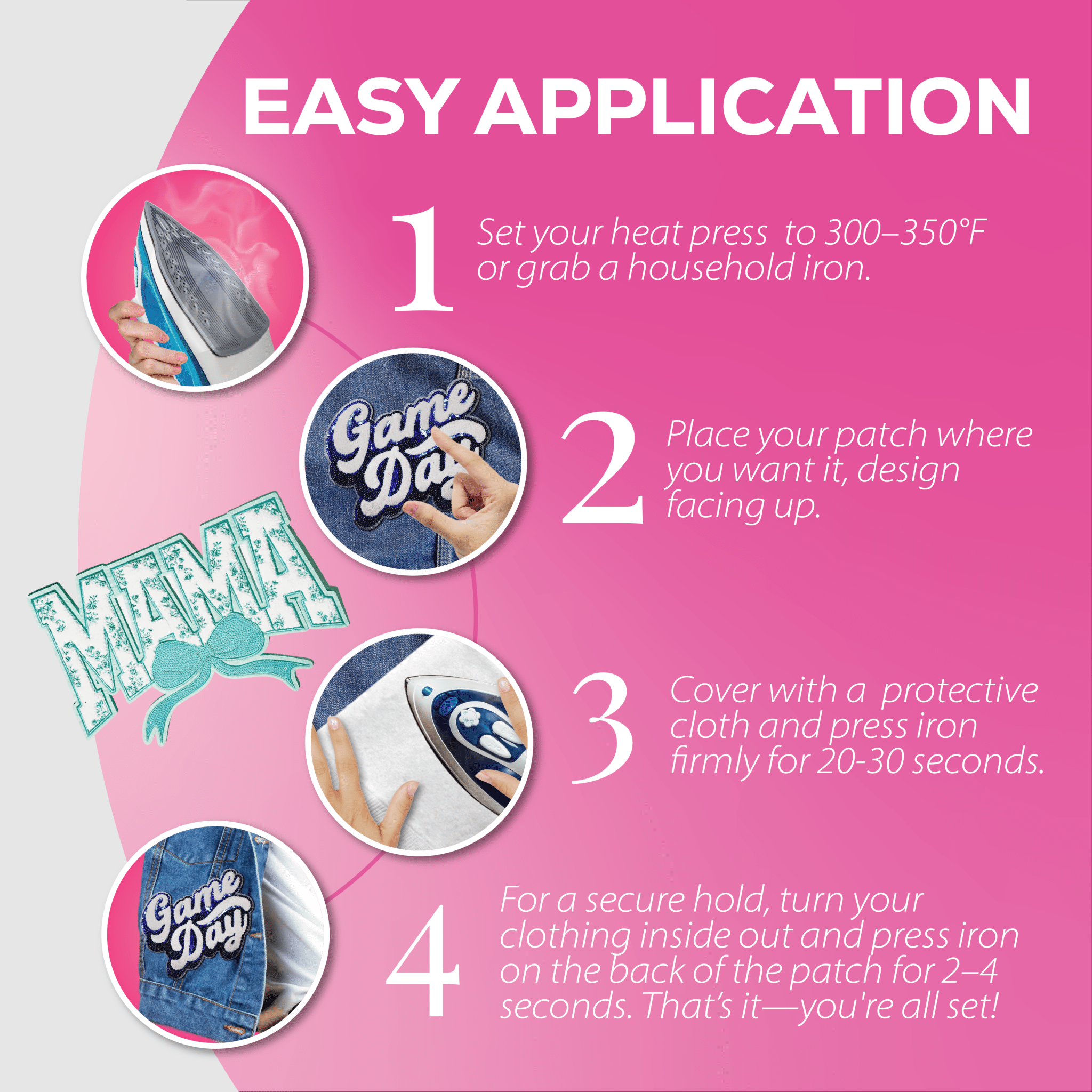 Teal "MAMA" Chenille Patch with Floral Accents & Bow - Rolled Up Printing