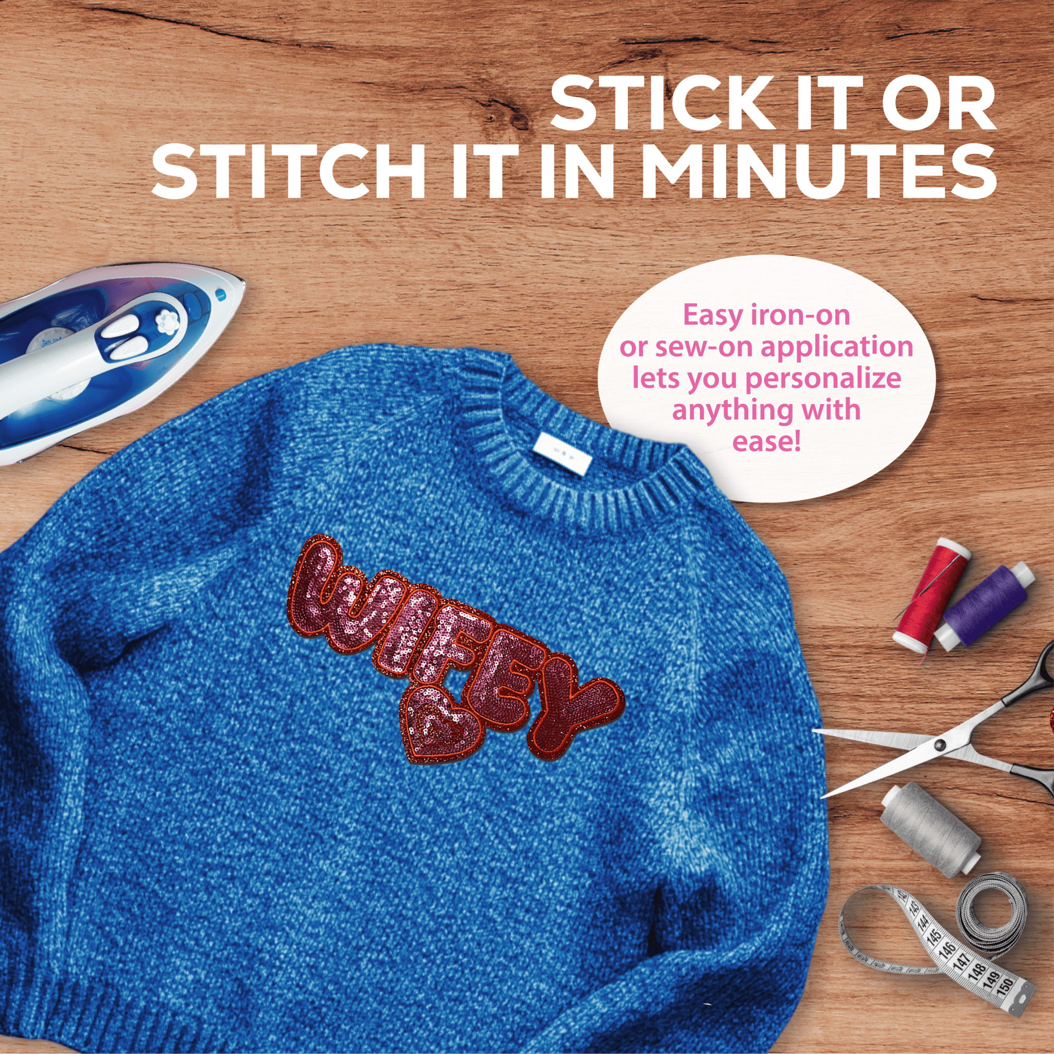 "Wifey" Red Heart sequin Chenille Patch - Rolled Up Printing