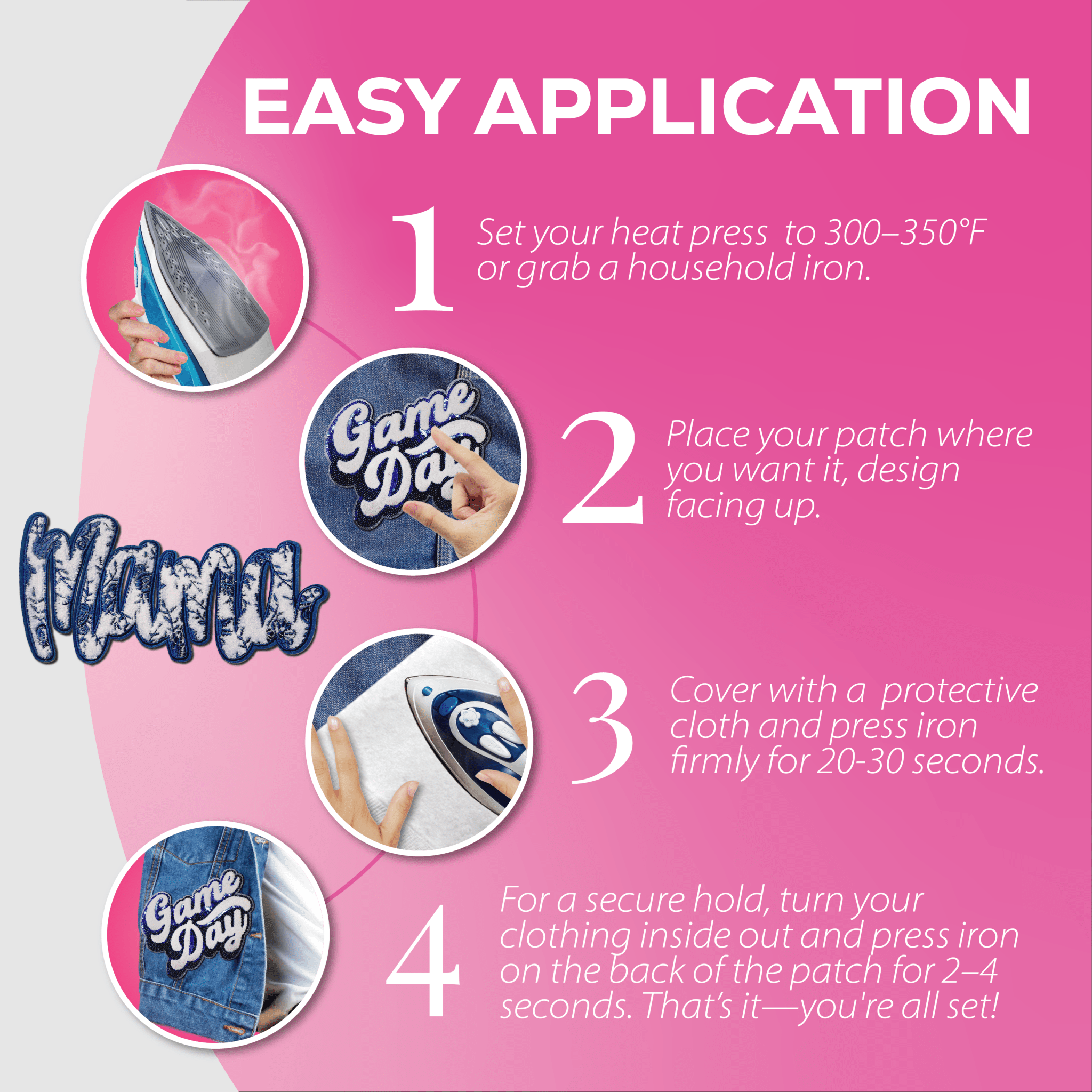 Blue "MAMA" Chenille Patch - Rolled Up Printing