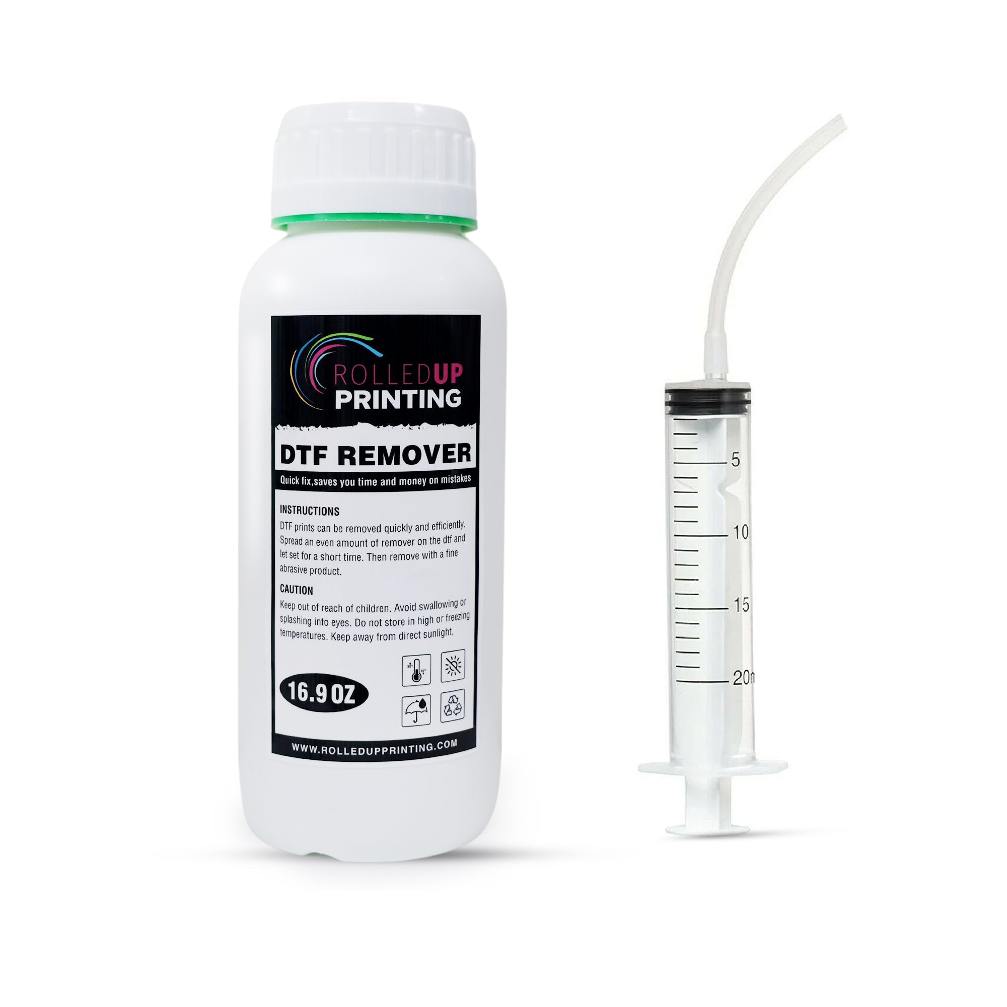 DTF Remover for Shirts - Easy Application with Syringe - 16.9 oz - Rolled Up Printing