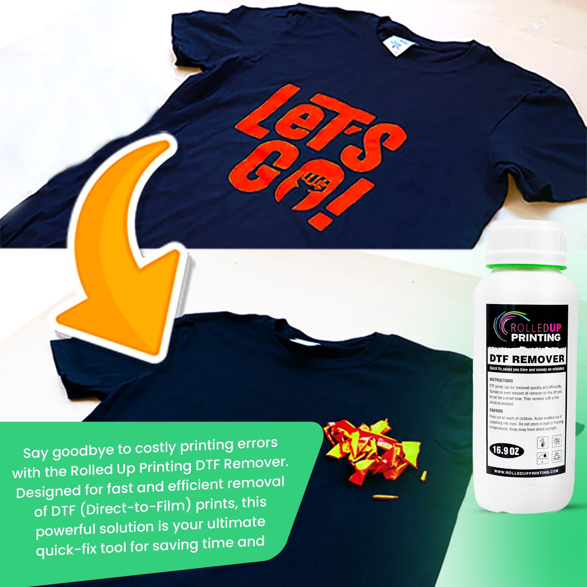 DTF Remover for Shirts - Easy Application with Syringe - 16.9 oz - Rolled Up Printing