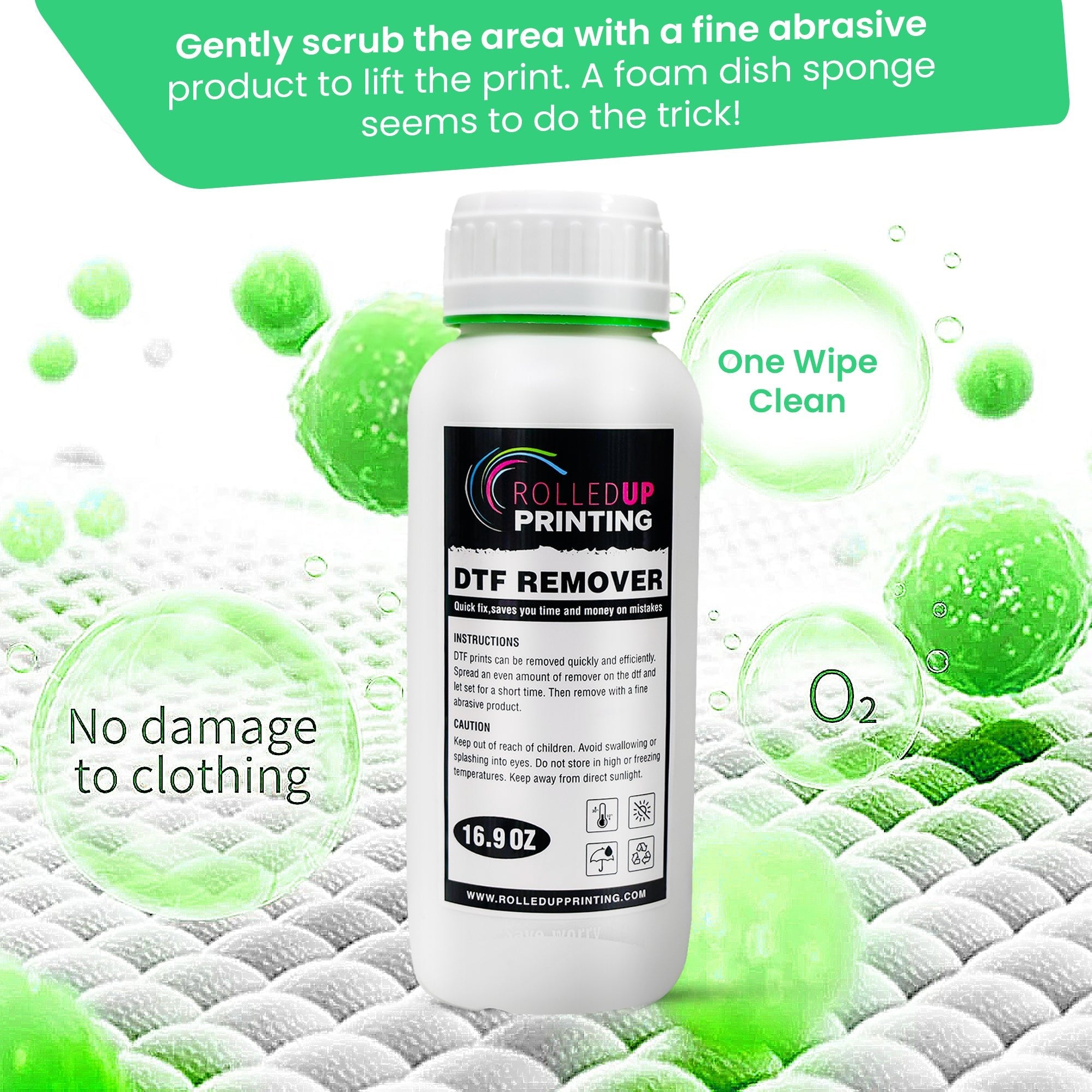 DTF Remover for Shirts - Easy Application with Syringe - 16.9 oz - Rolled Up Printing