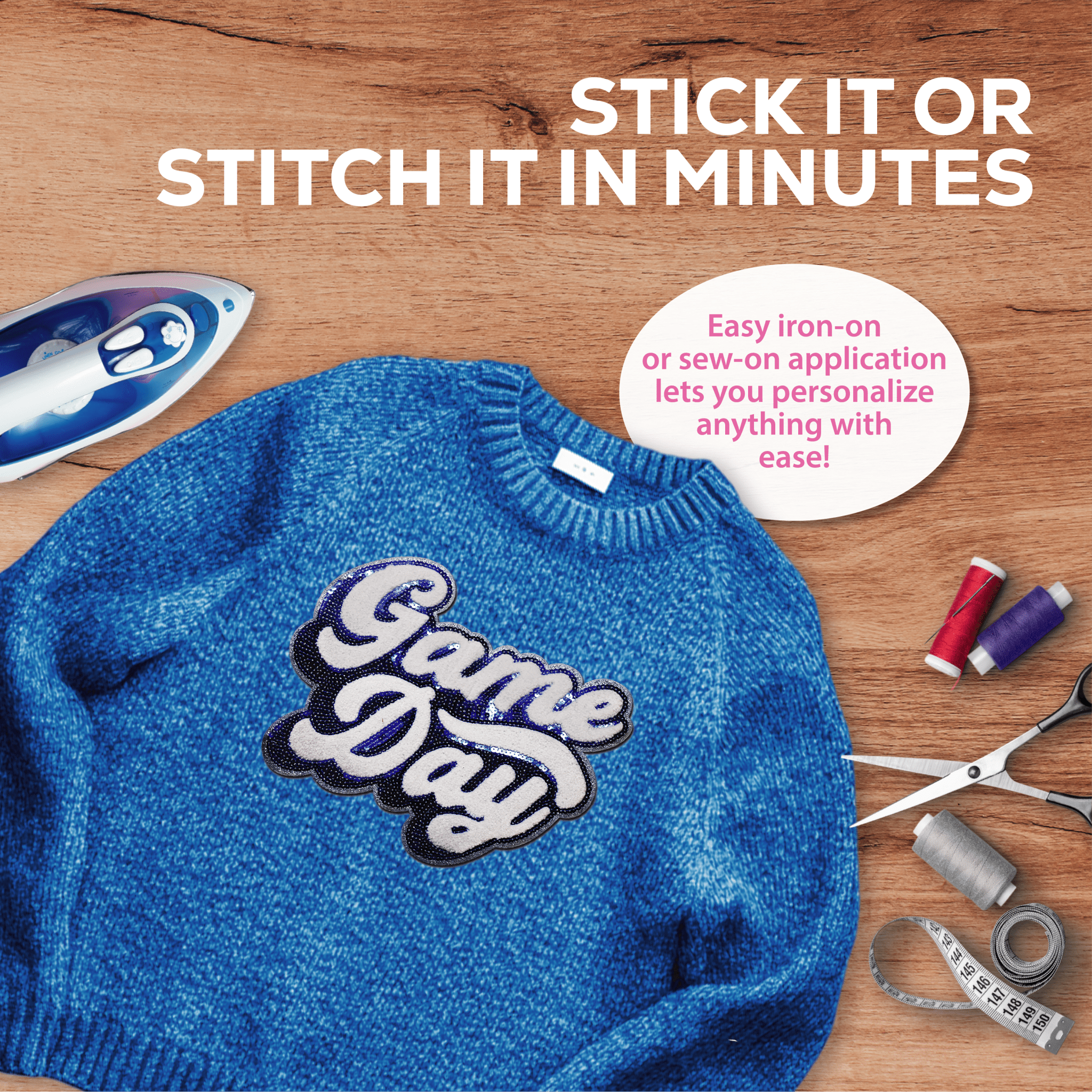 Game Day Blue Chenille Patch - Rolled Up Printing