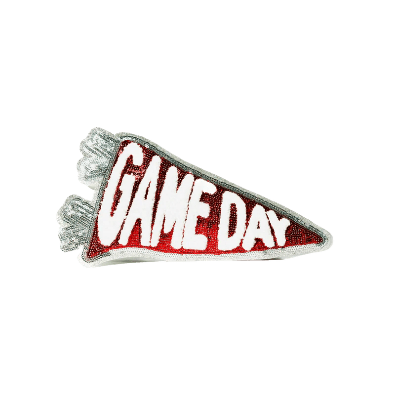 Game Day Chenille Patch – Red & Silver Sequin Spirit! - Rolled Up Printing