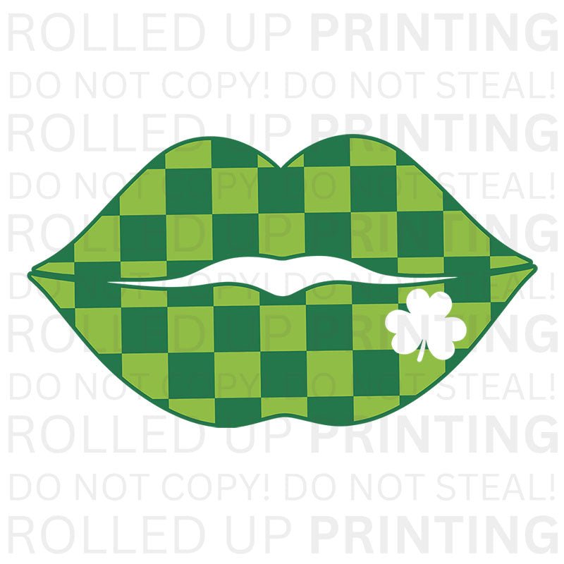 Green Checkered Lips UV DTF Sticker: Fun and Unique - Rolled Up Printing