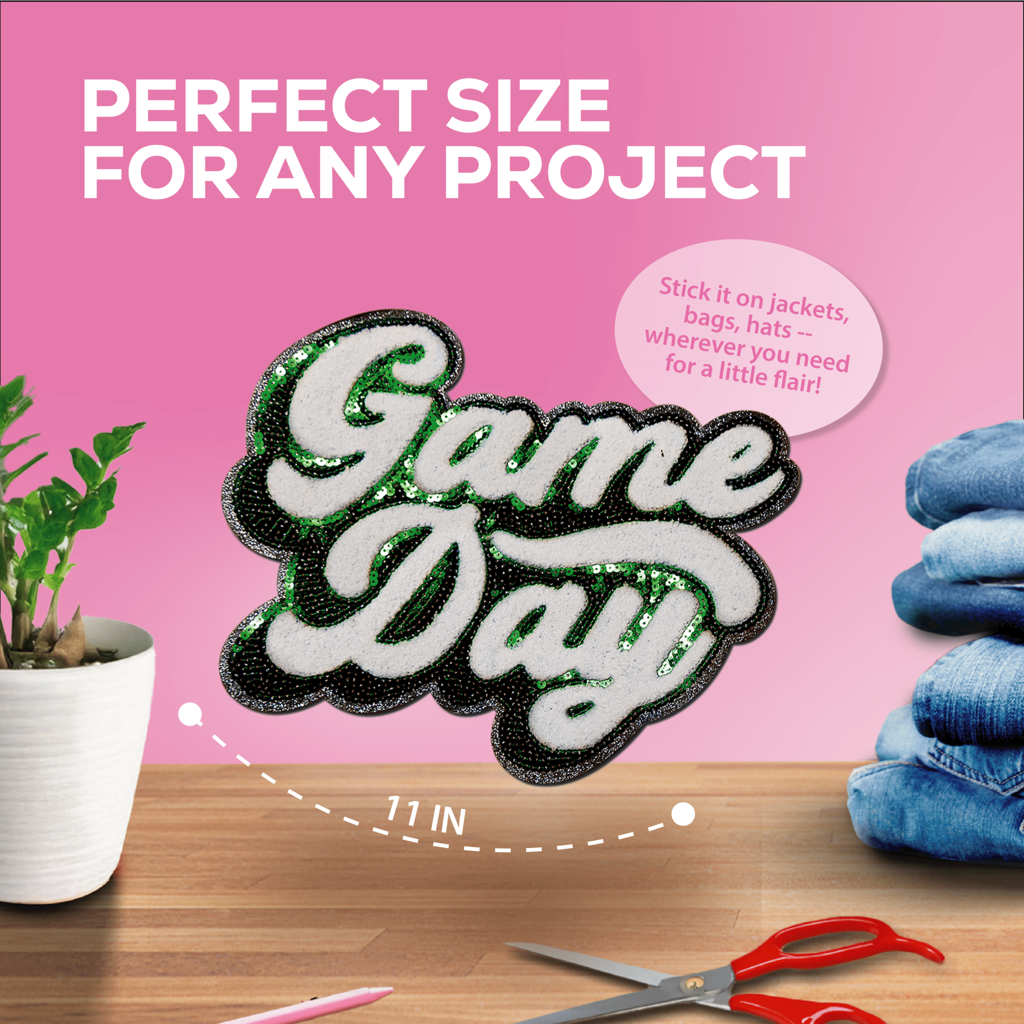 Green "Game Day" Chenille Patch - Rolled Up Printing