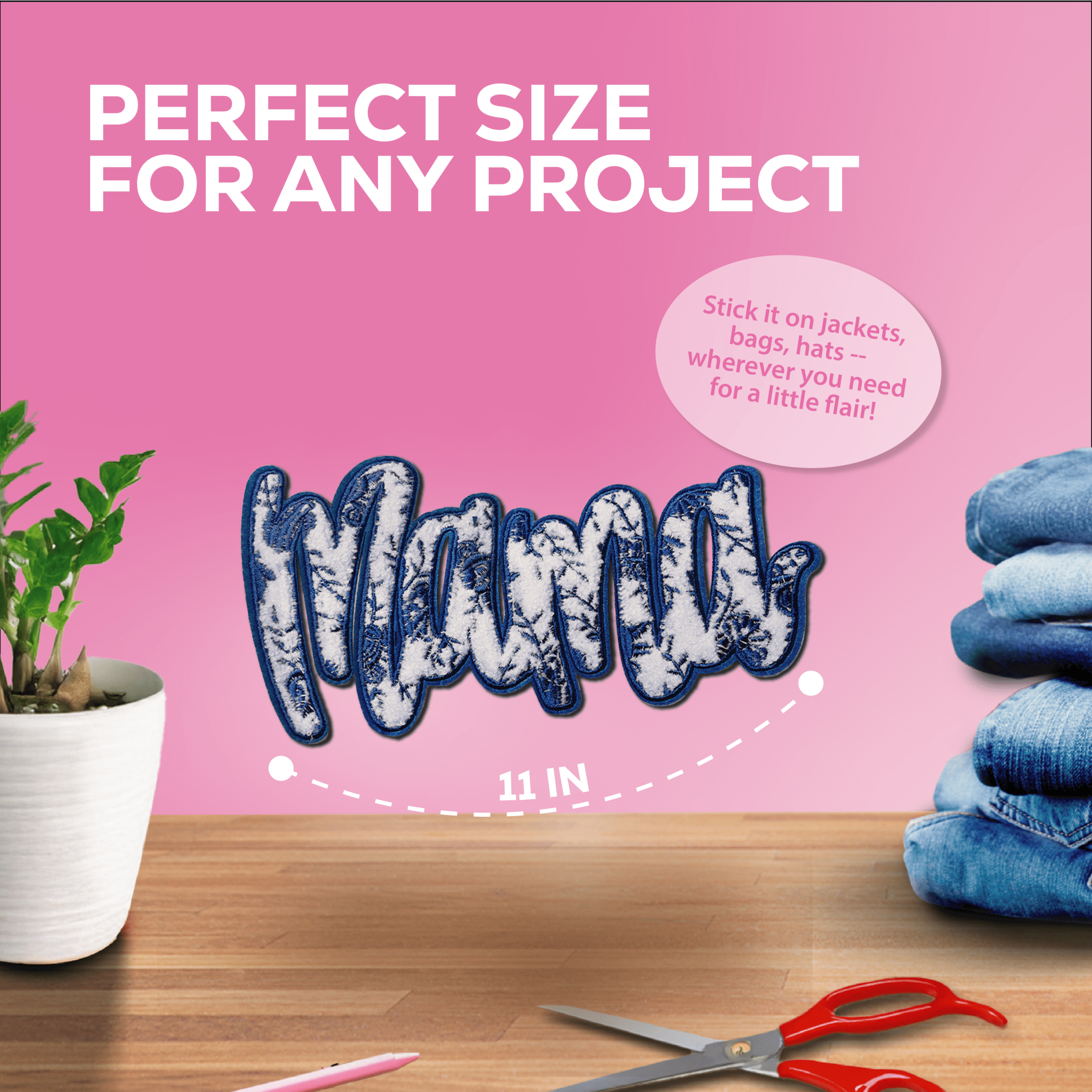 "Mama" Blue Floral Chenille Patch - Rolled Up Printing