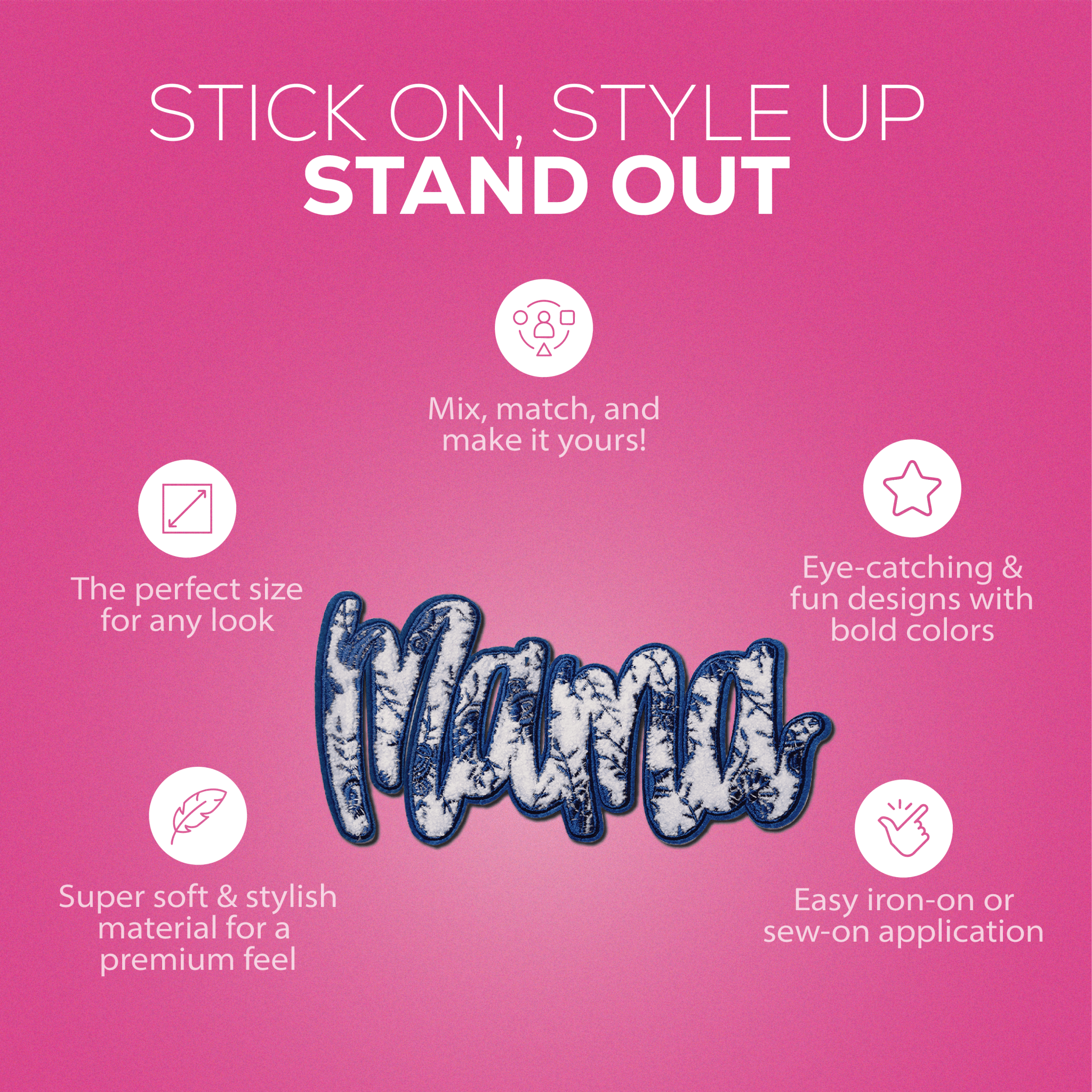 "Mama" Blue Floral Chenille Patch - Rolled Up Printing