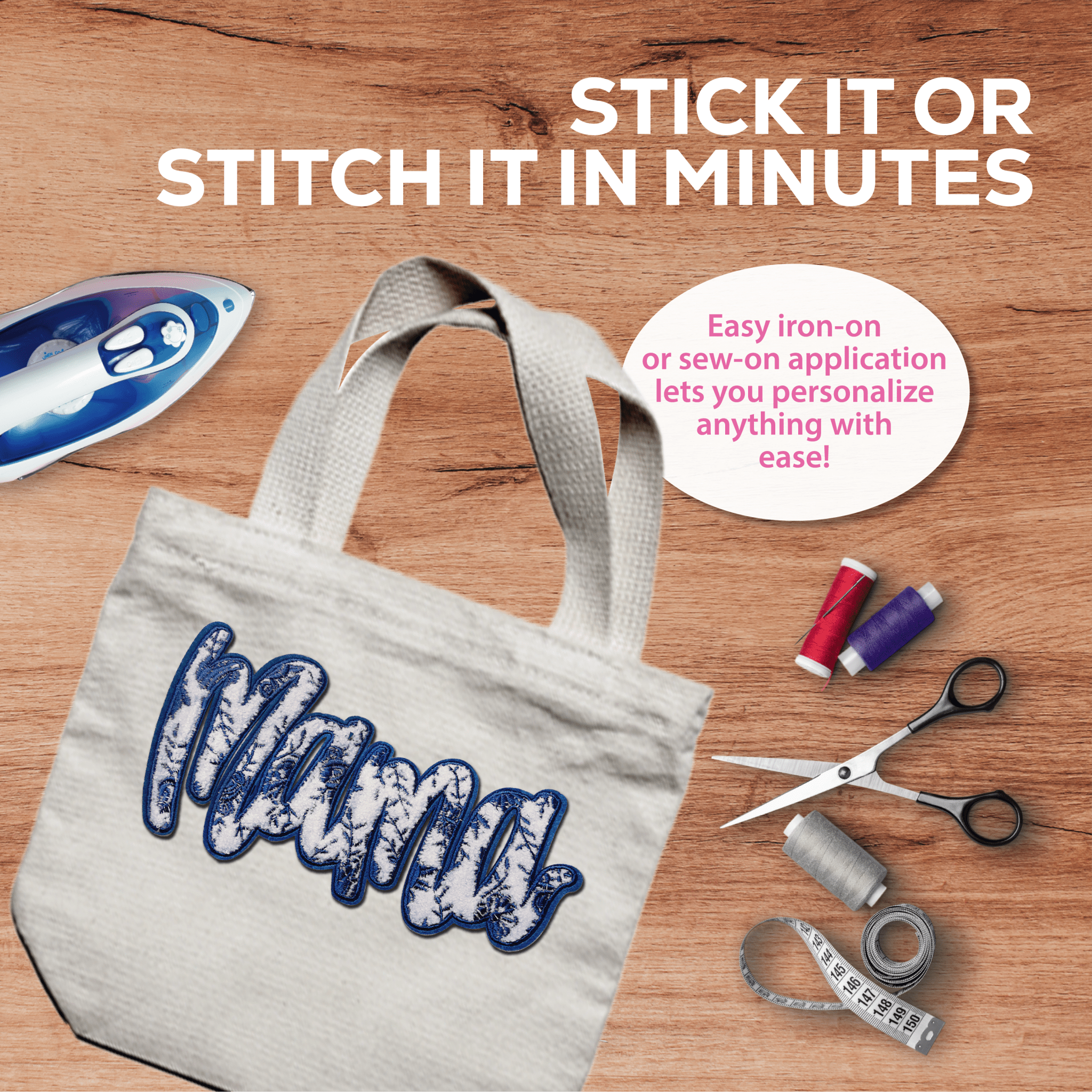 "Mama" Blue Floral Chenille Patch - Rolled Up Printing