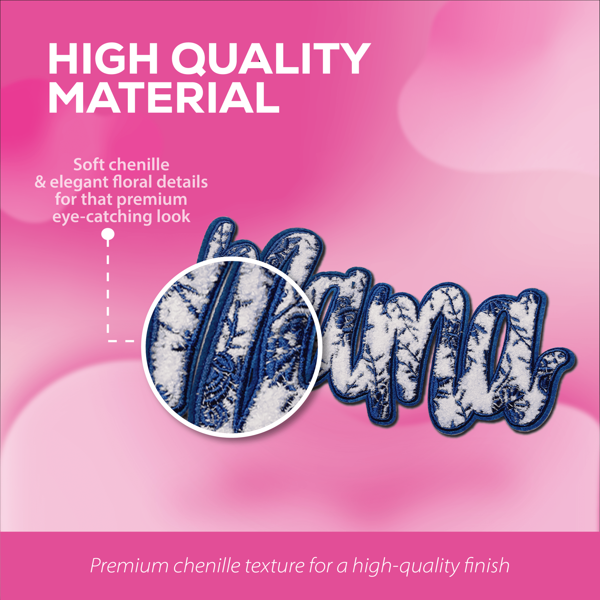 "Mama" Blue Floral Chenille Patch - Rolled Up Printing