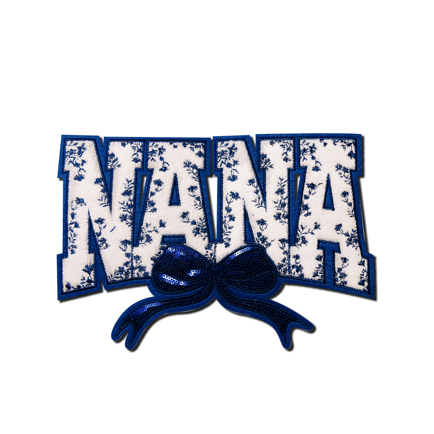 "Nana" Blue Floral with blue bow Chenille Patch - Rolled Up Printing
