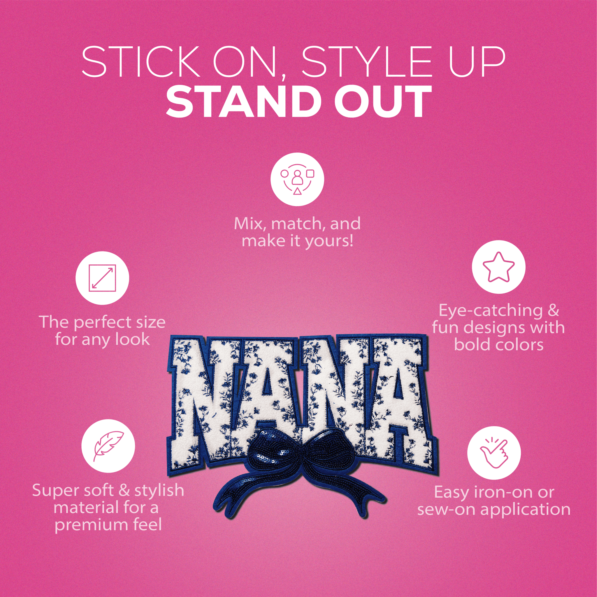 "Nana" Blue Floral with blue bow Chenille Patch - Rolled Up Printing