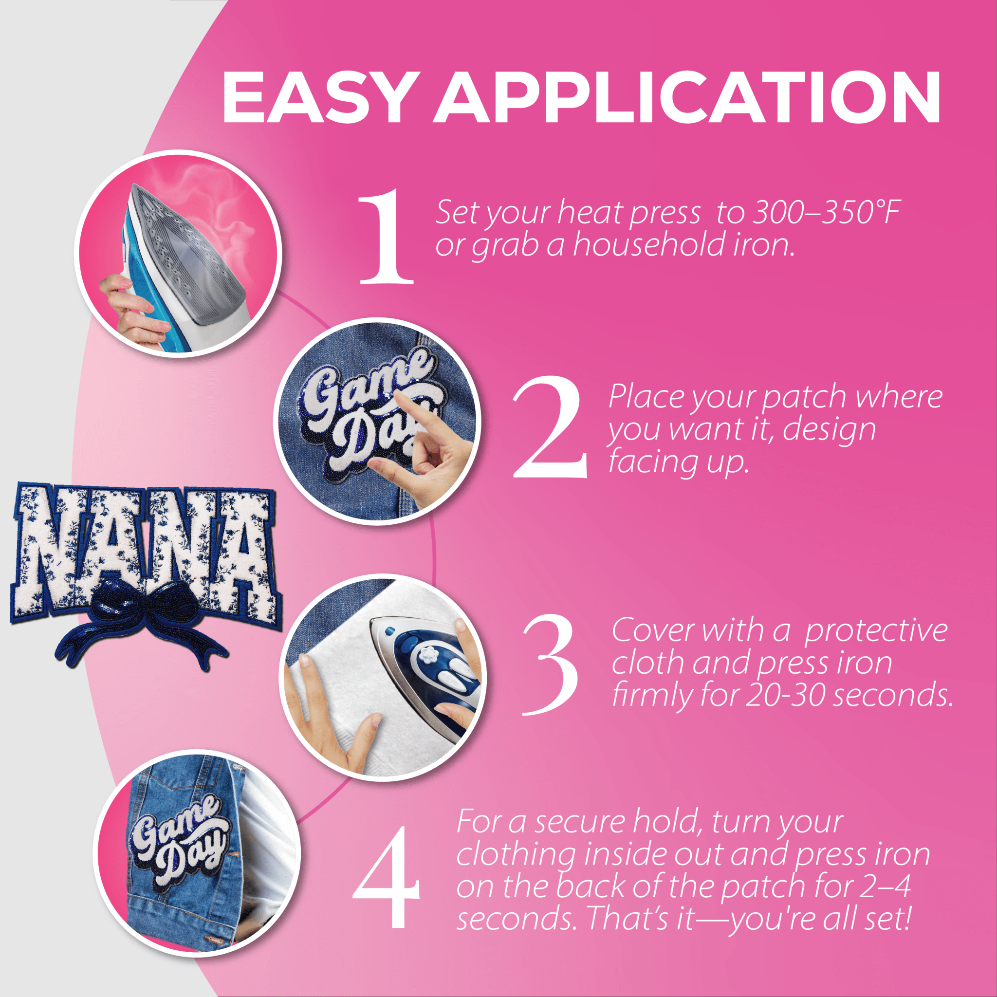 "Nana" Blue Floral with blue bow Chenille Patch - Rolled Up Printing