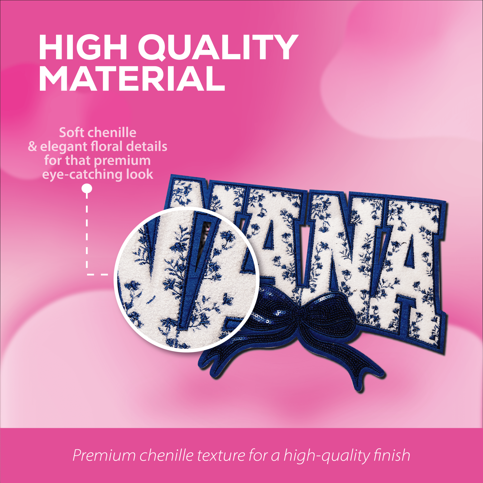 "Nana" Blue Floral with blue bow Chenille Patch - Rolled Up Printing