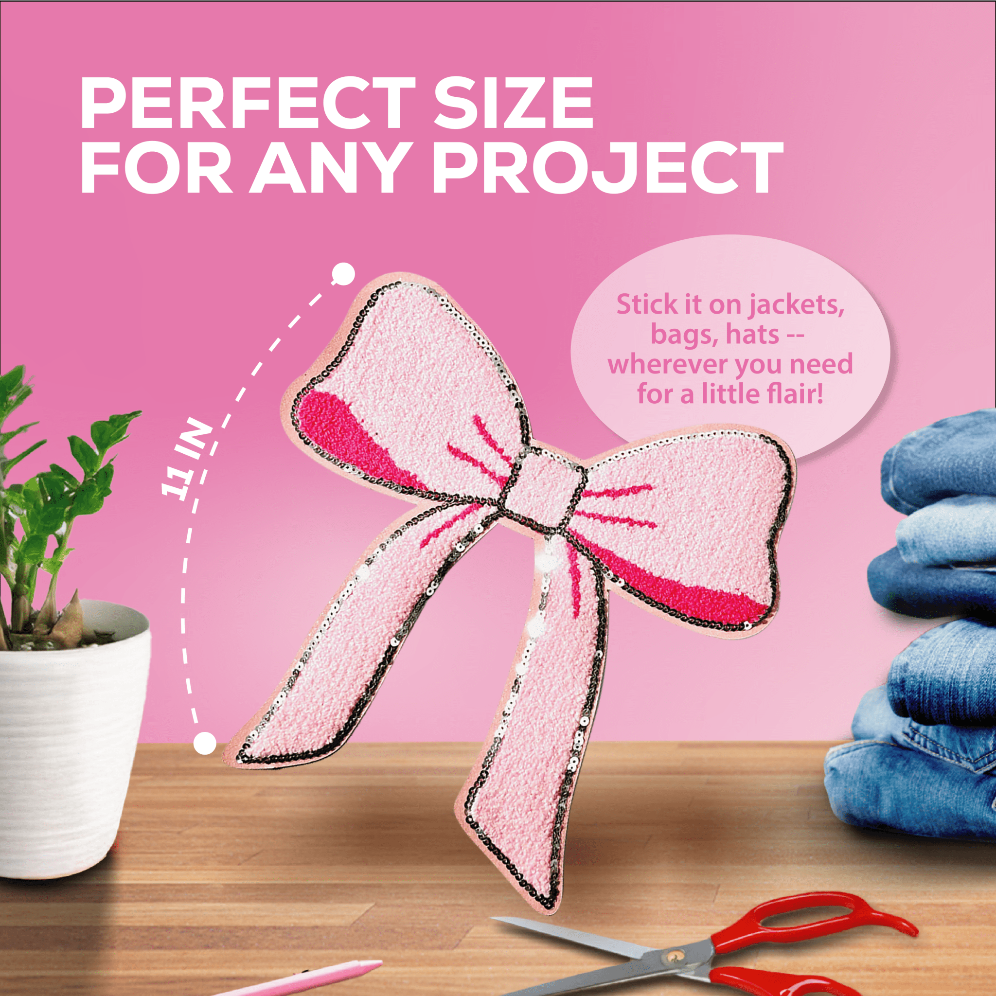 Pink Chenille Bow Patch - Rolled Up Printing