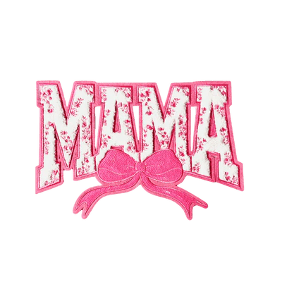 Pink "MAMA" Chenille Patch with Floral Accents & Bow - Rolled Up Printing