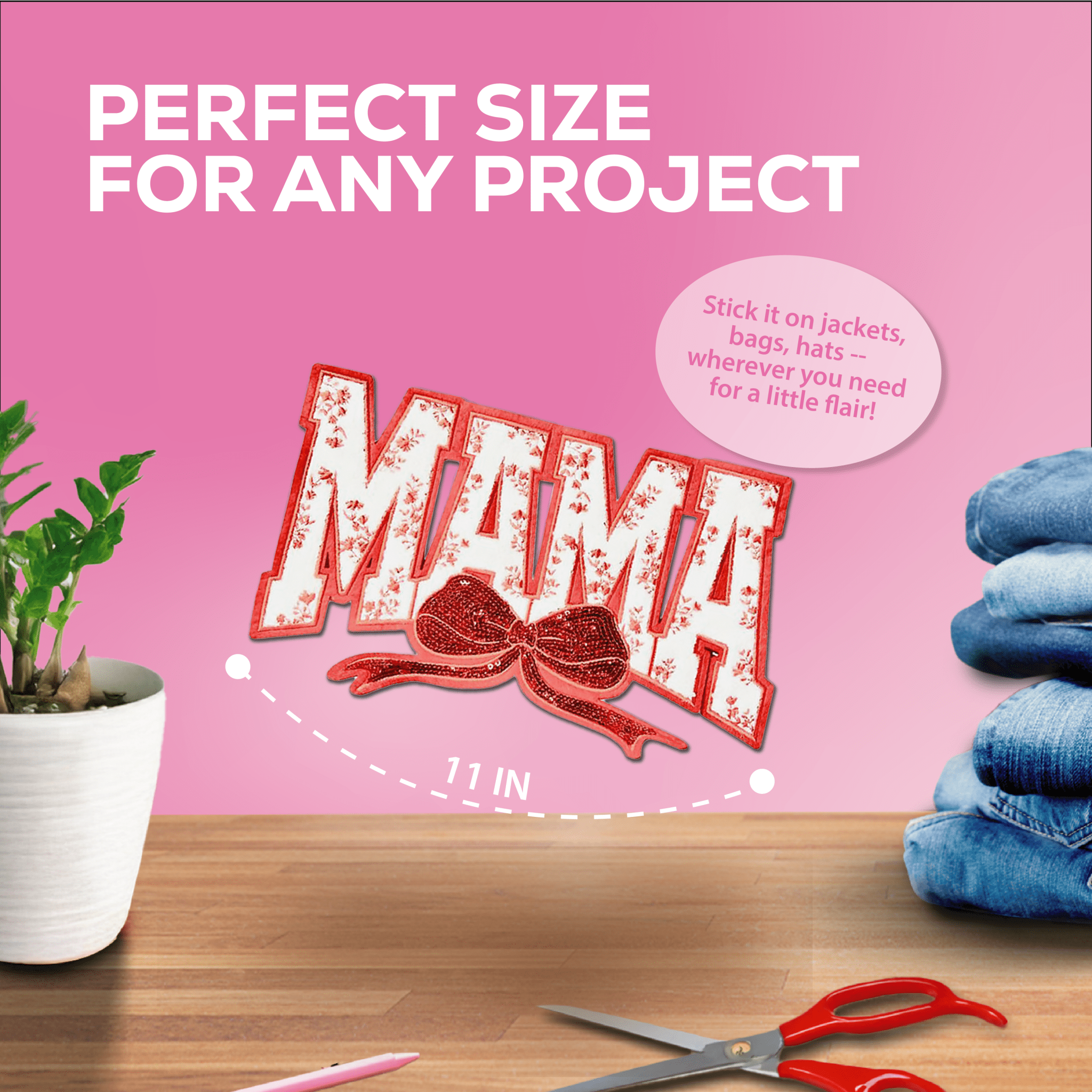 Red "MAMA" Chenille Patch - Rolled Up Printing