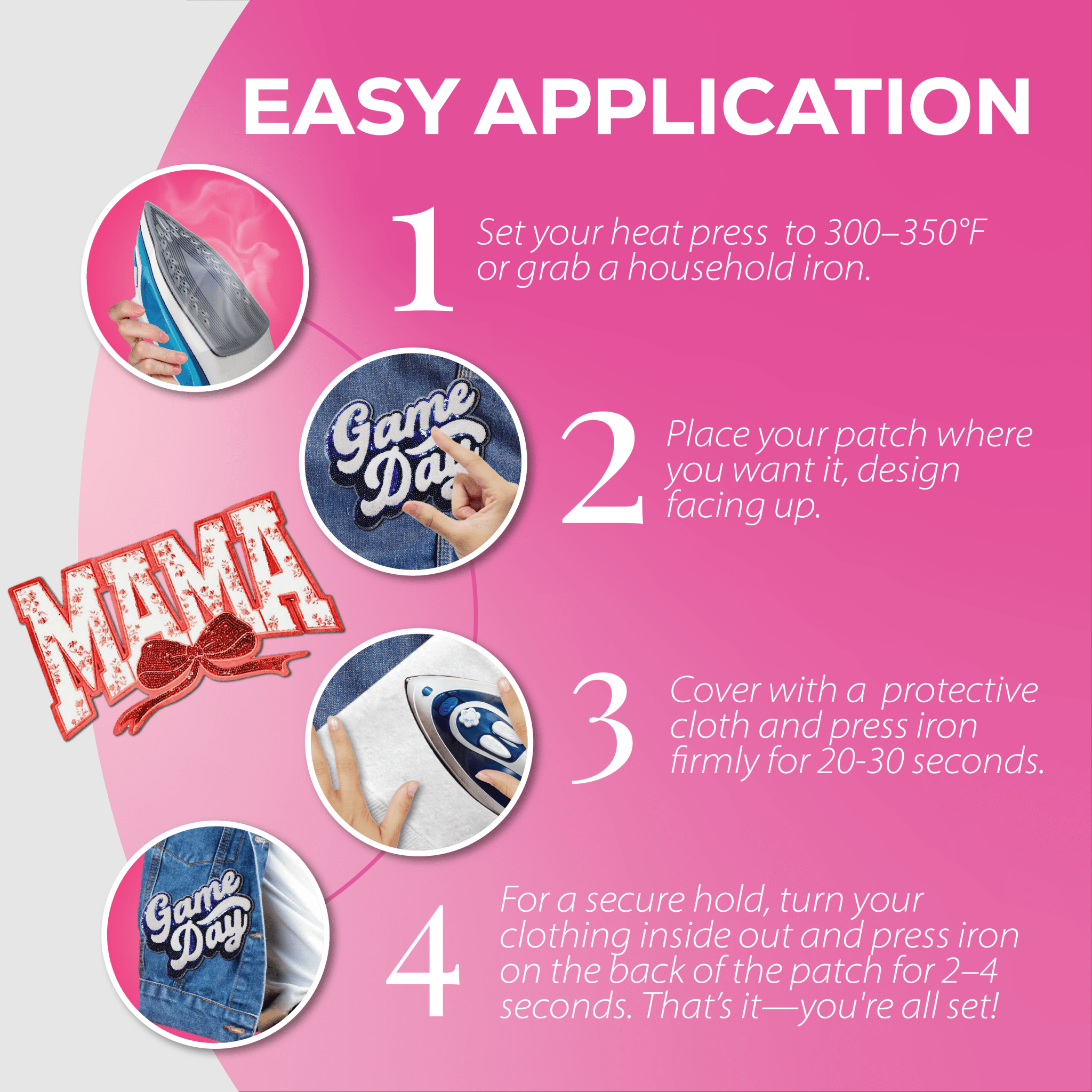 Red "MAMA" Chenille Patch - Rolled Up Printing