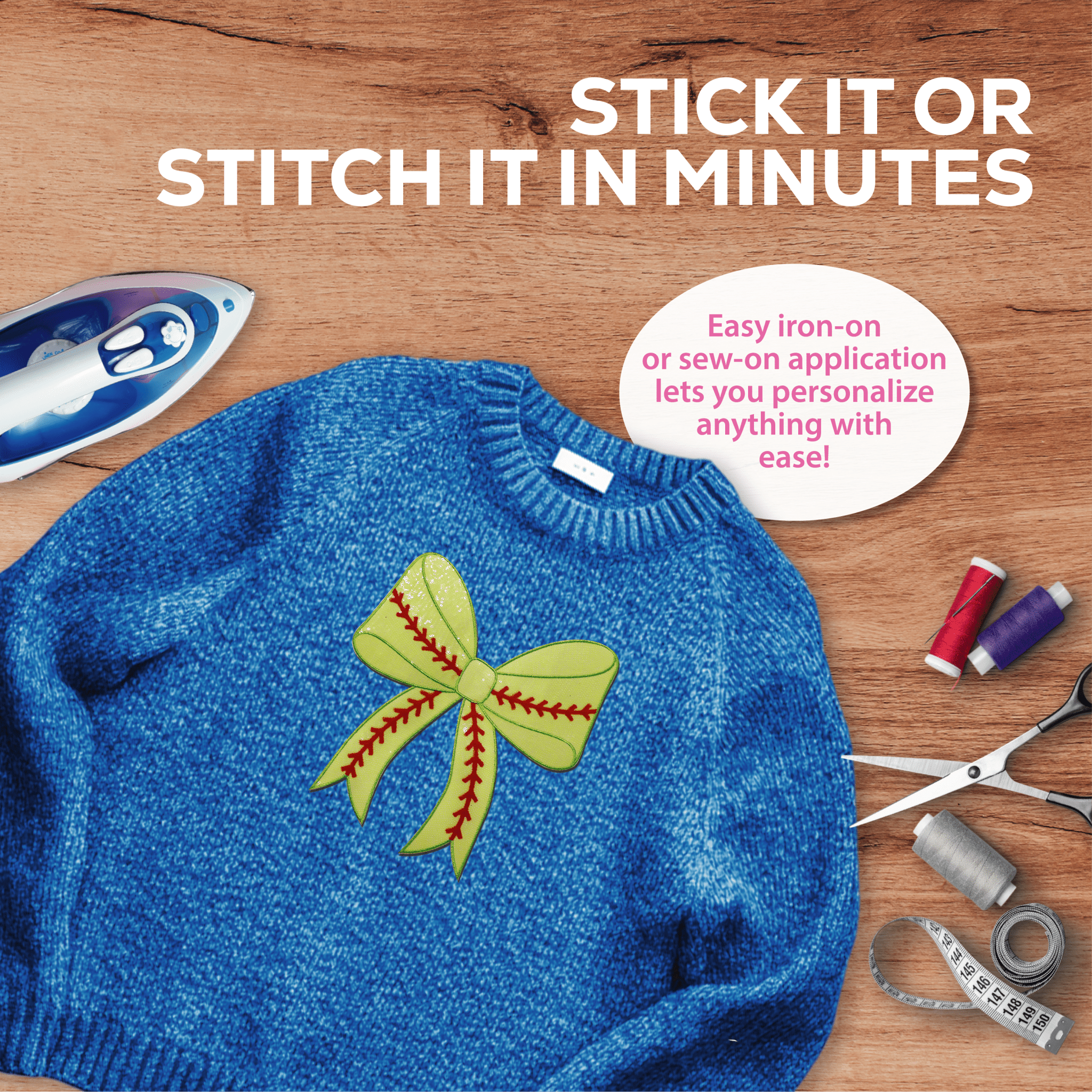 Softball Bow Chenille Patch - Rolled Up Printing