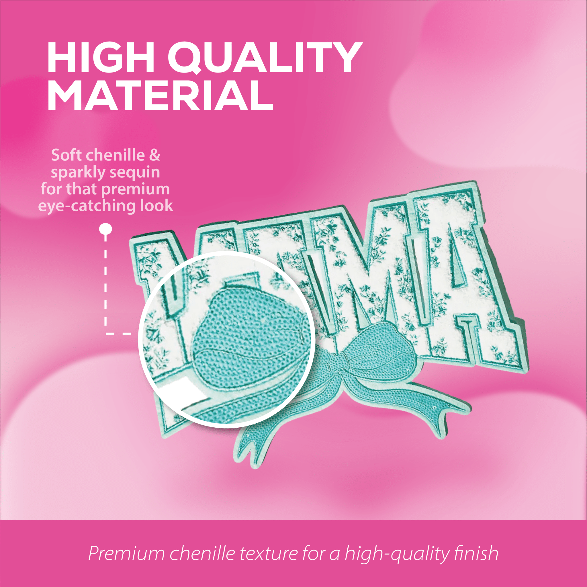 Teal "MAMA" Chenille Patch with Floral Accents & Bow - Rolled Up Printing