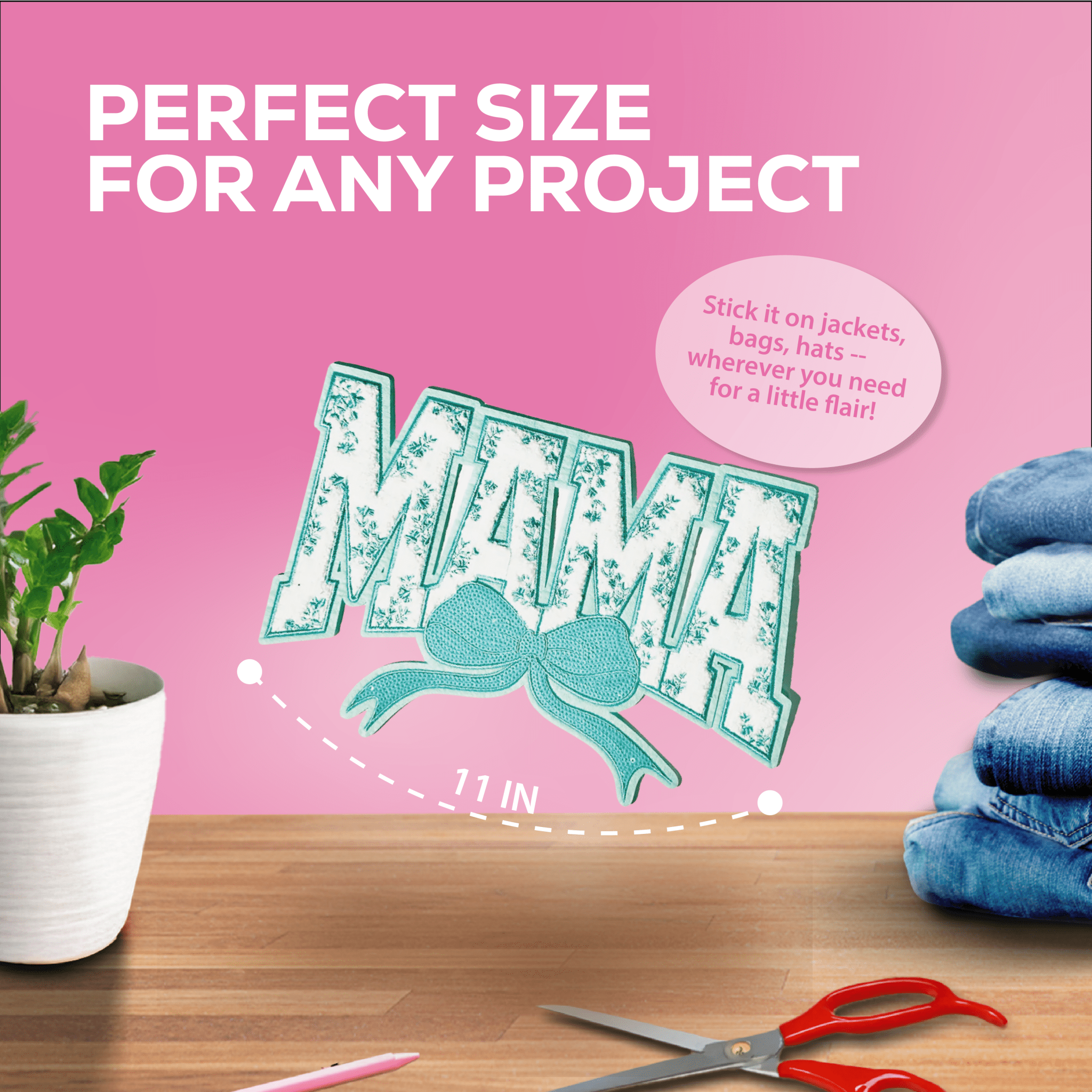 Teal "MAMA" Chenille Patch with Floral Accents & Bow - Rolled Up Printing